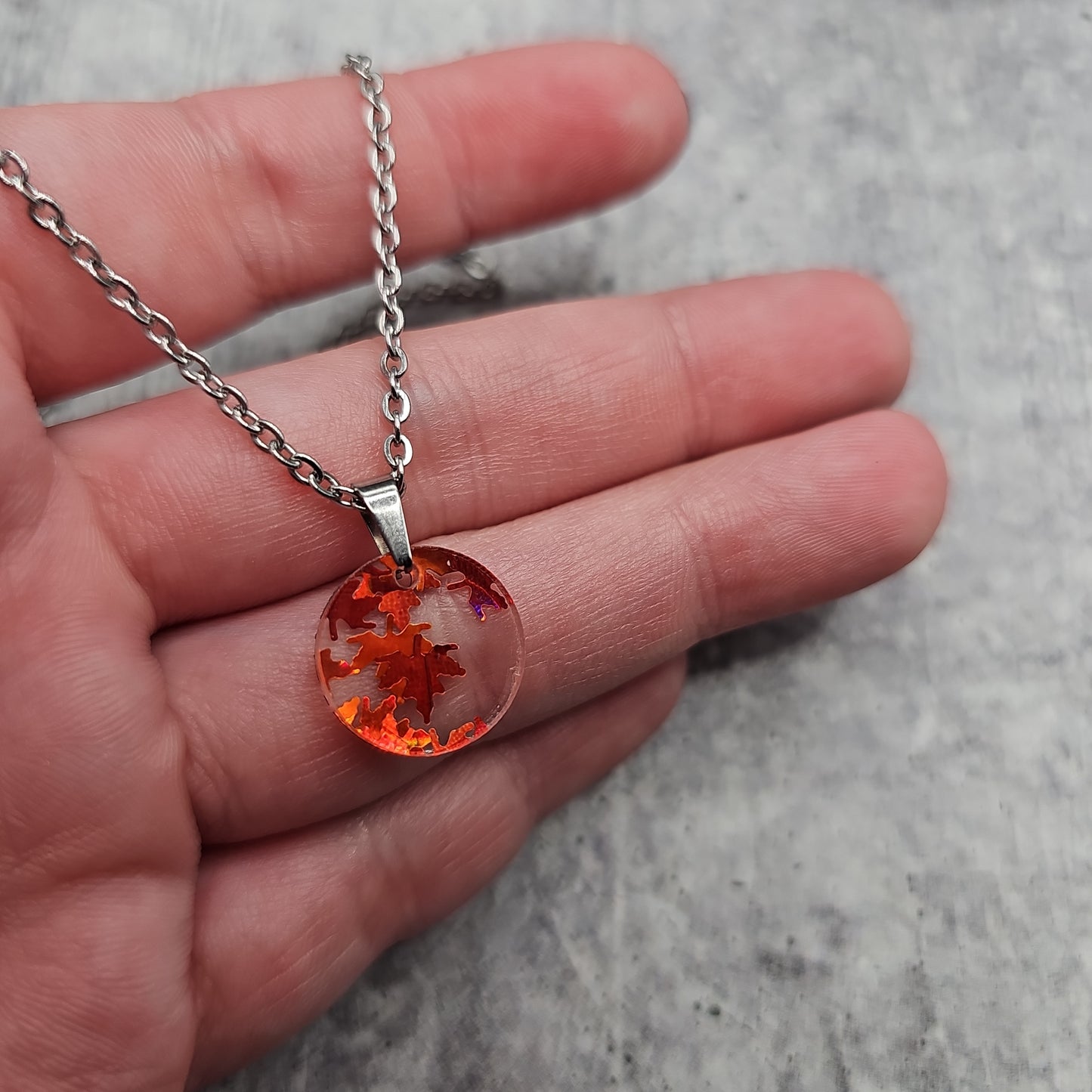 Small Circle Orange Falling Leaves Necklace