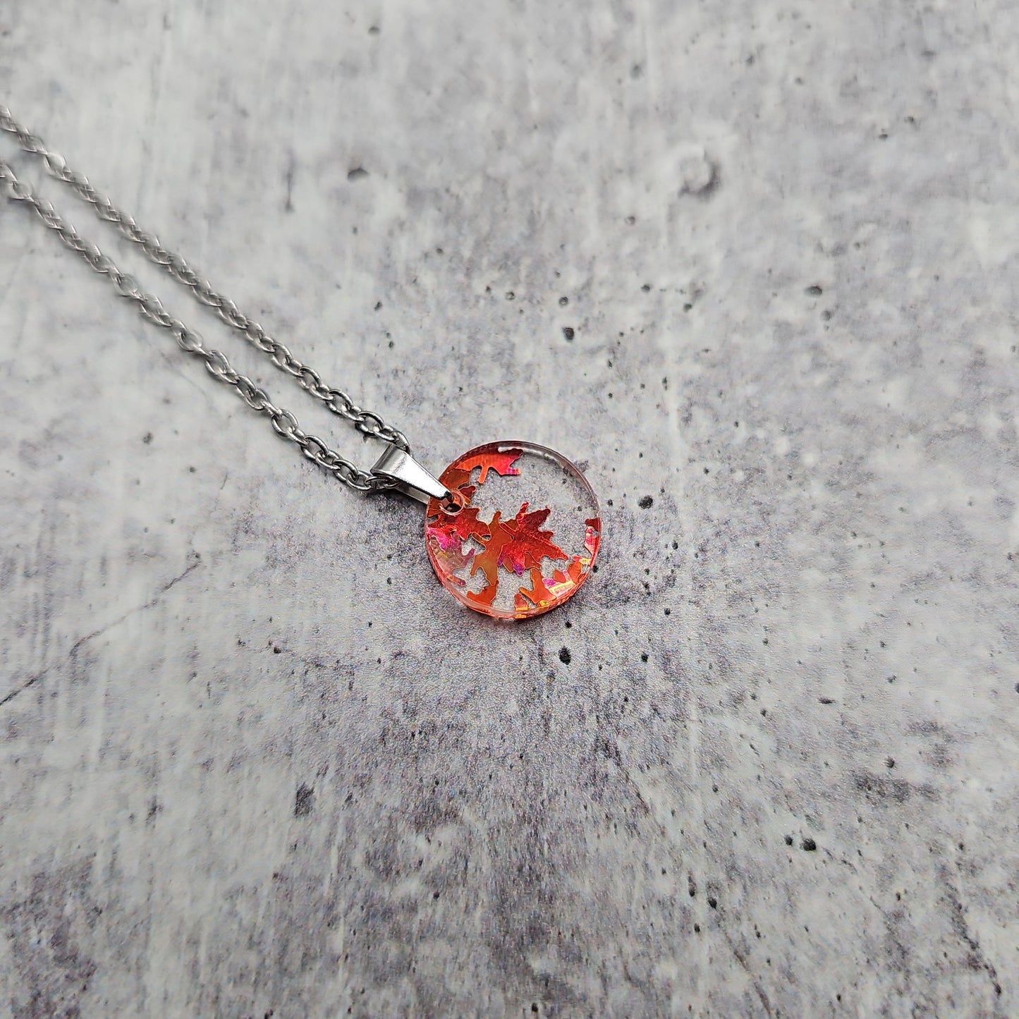 Small Circle Orange Falling Leaves Necklace