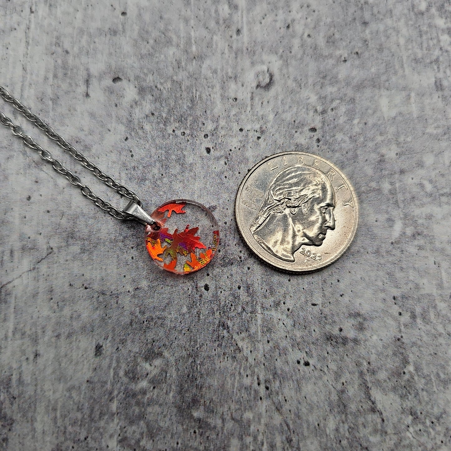 Small Circle Orange Falling Leaves Necklace