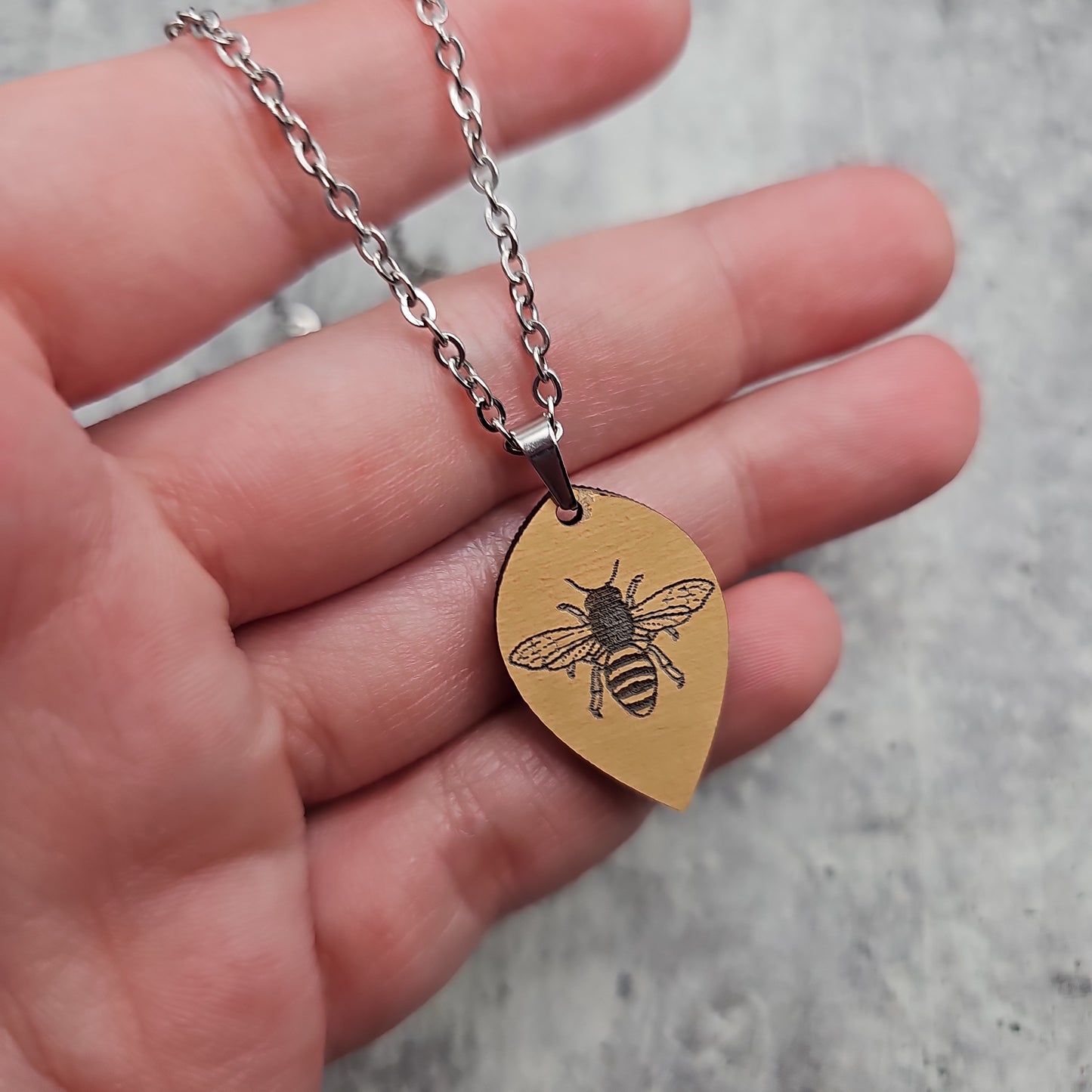 Wooden Engraved Bee Necklace