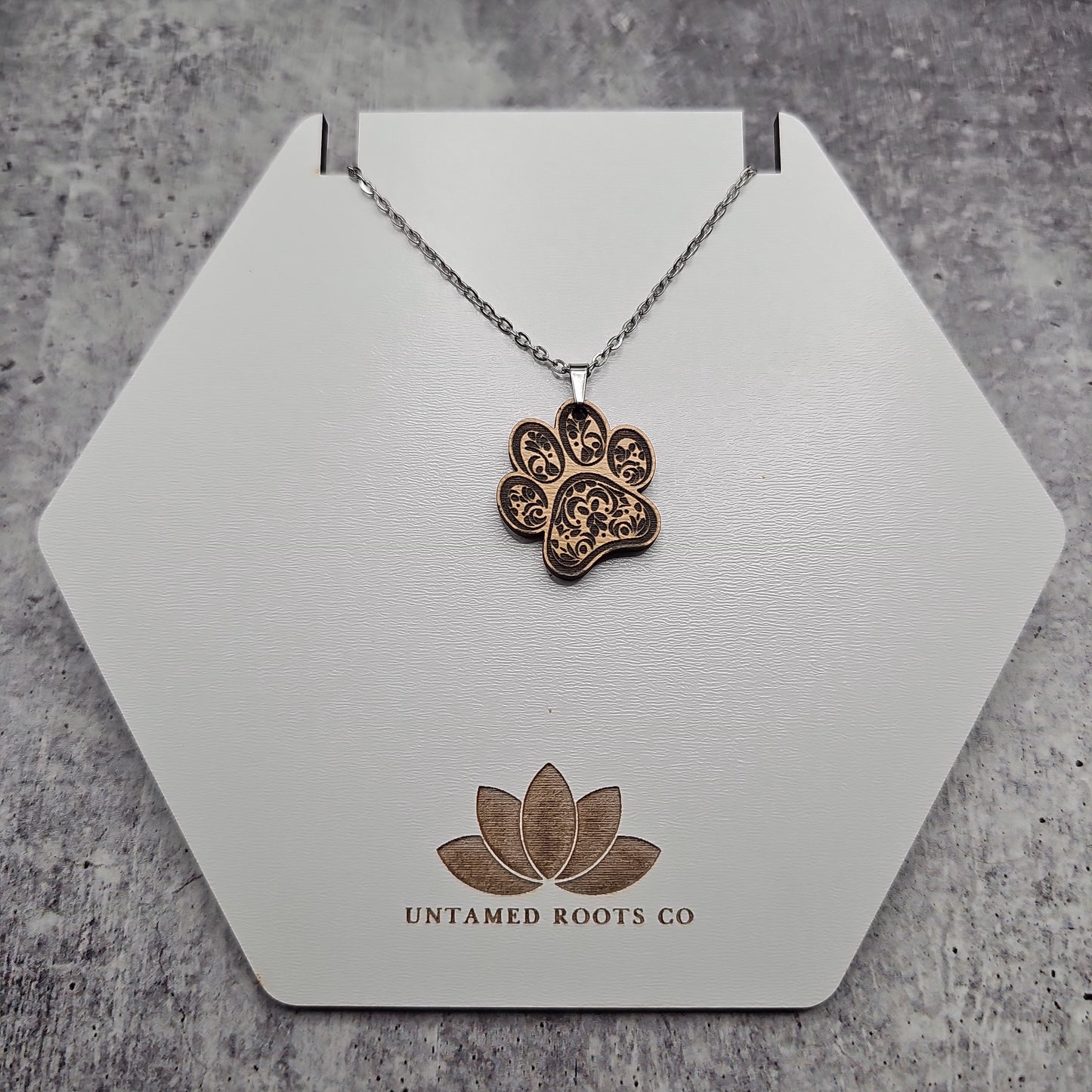 Wooden Engraved Paw Print Necklace