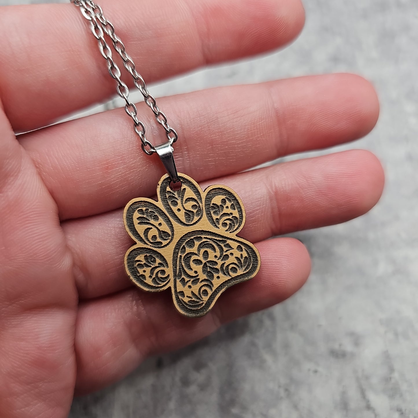 Wooden Engraved Paw Print Necklace