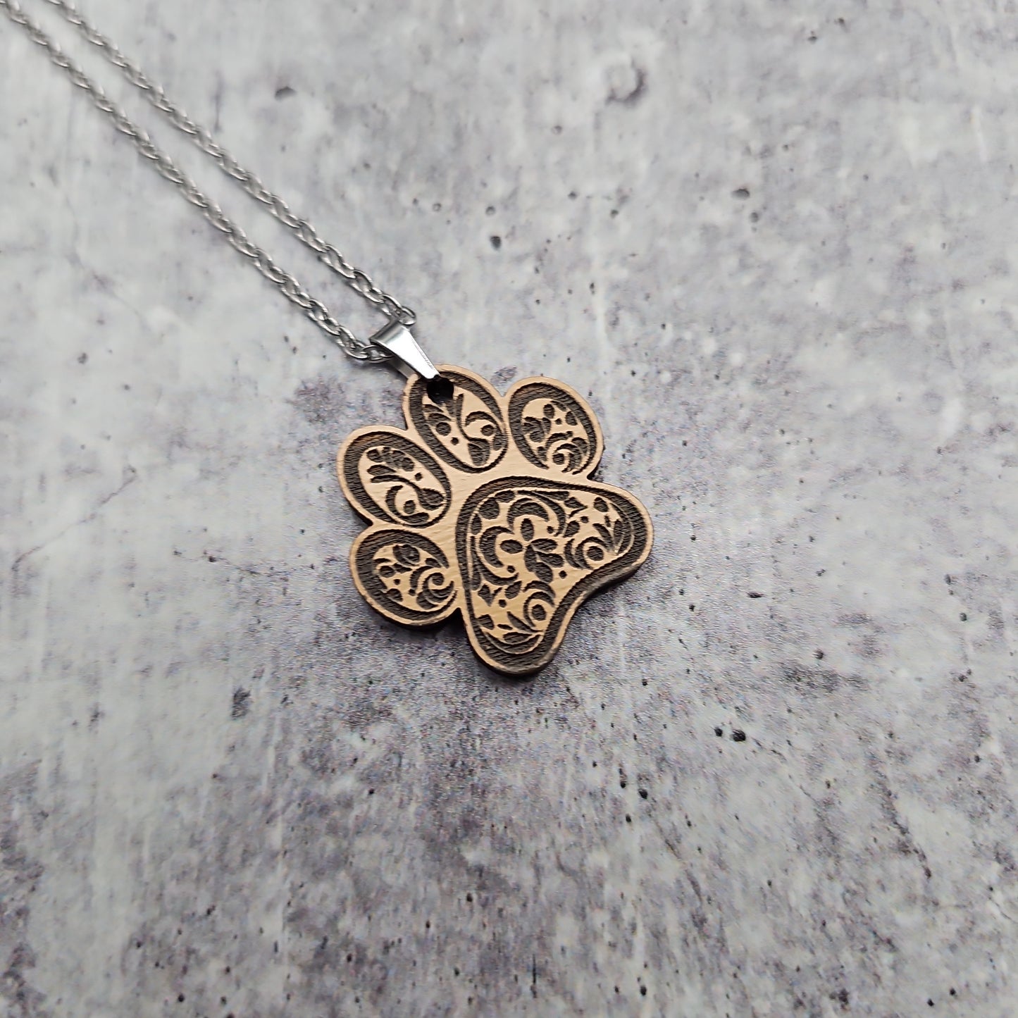 Wooden Engraved Paw Print Necklace