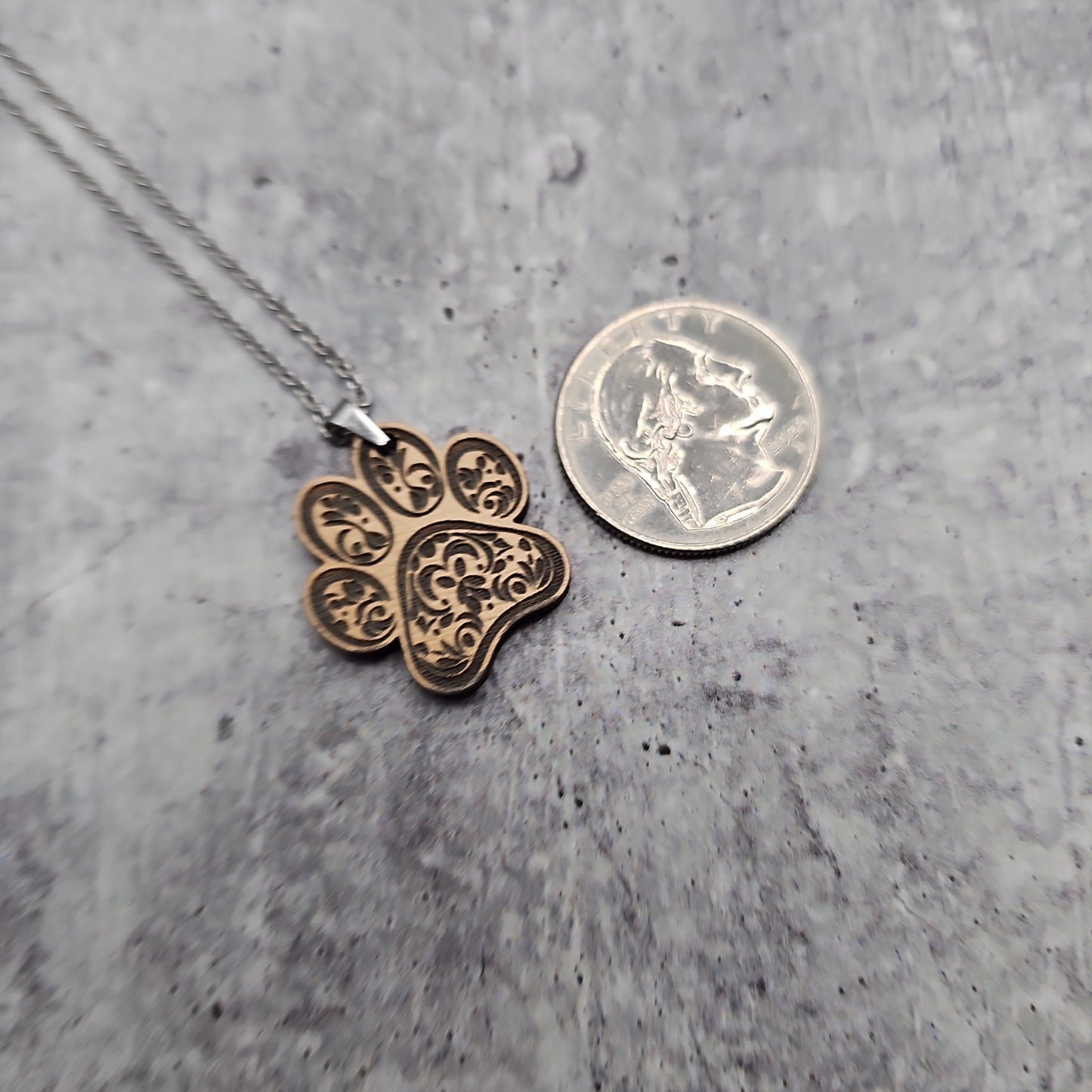 Wooden Engraved Paw Print Necklace