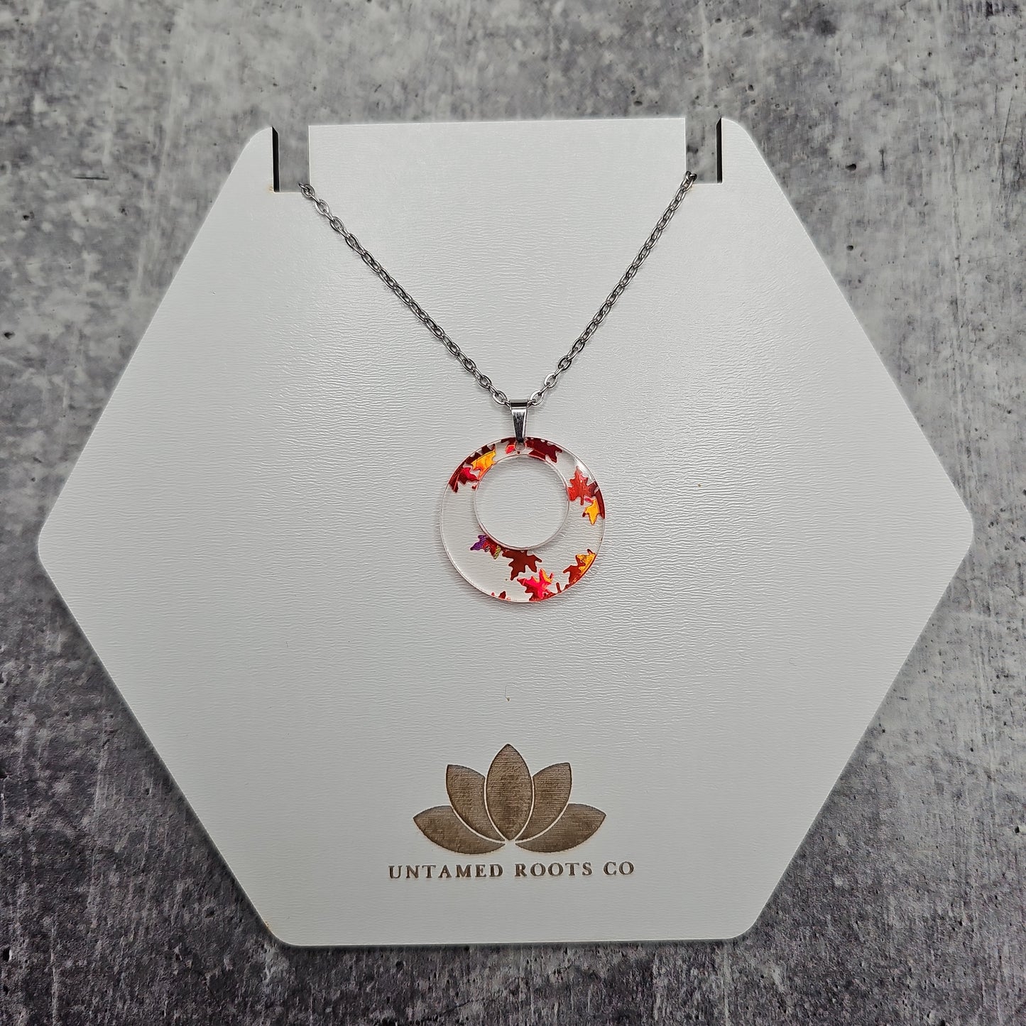 Small Offset Orange Falling Leaves Necklace