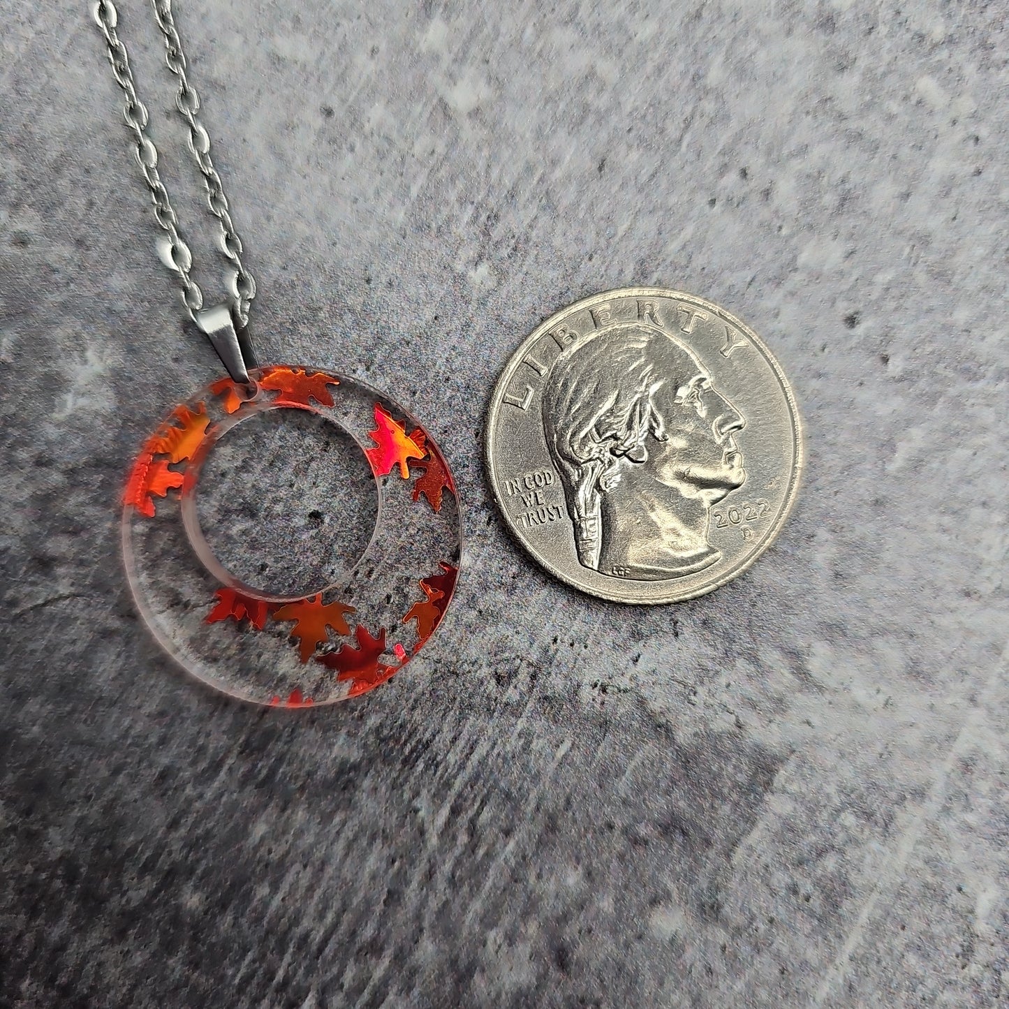 Small Offset Orange Falling Leaves Necklace