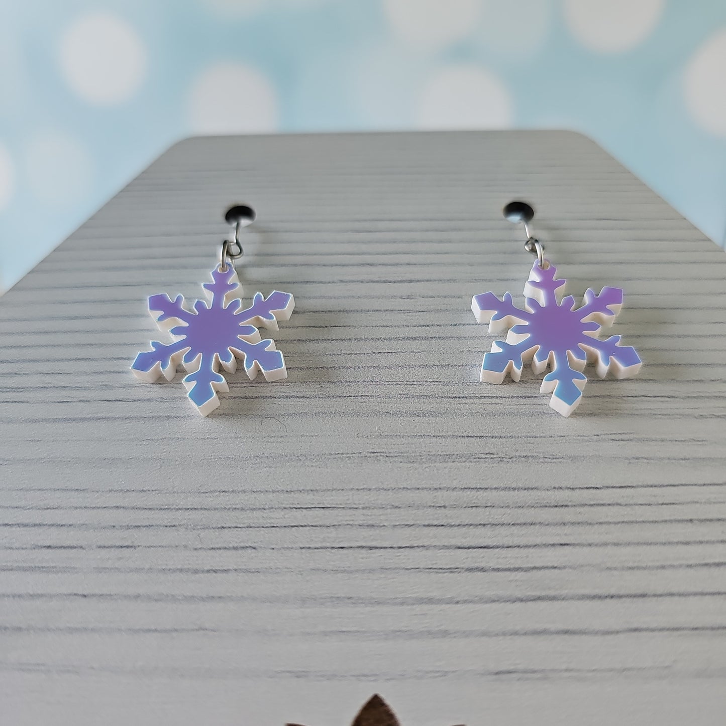 Blue Iridescent Snowflake Earrings