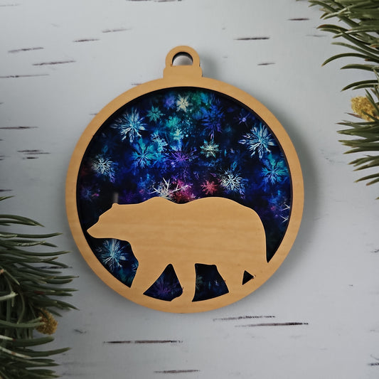 Bear Suncatcher Ornament - Translucent Watercolor Snowflake