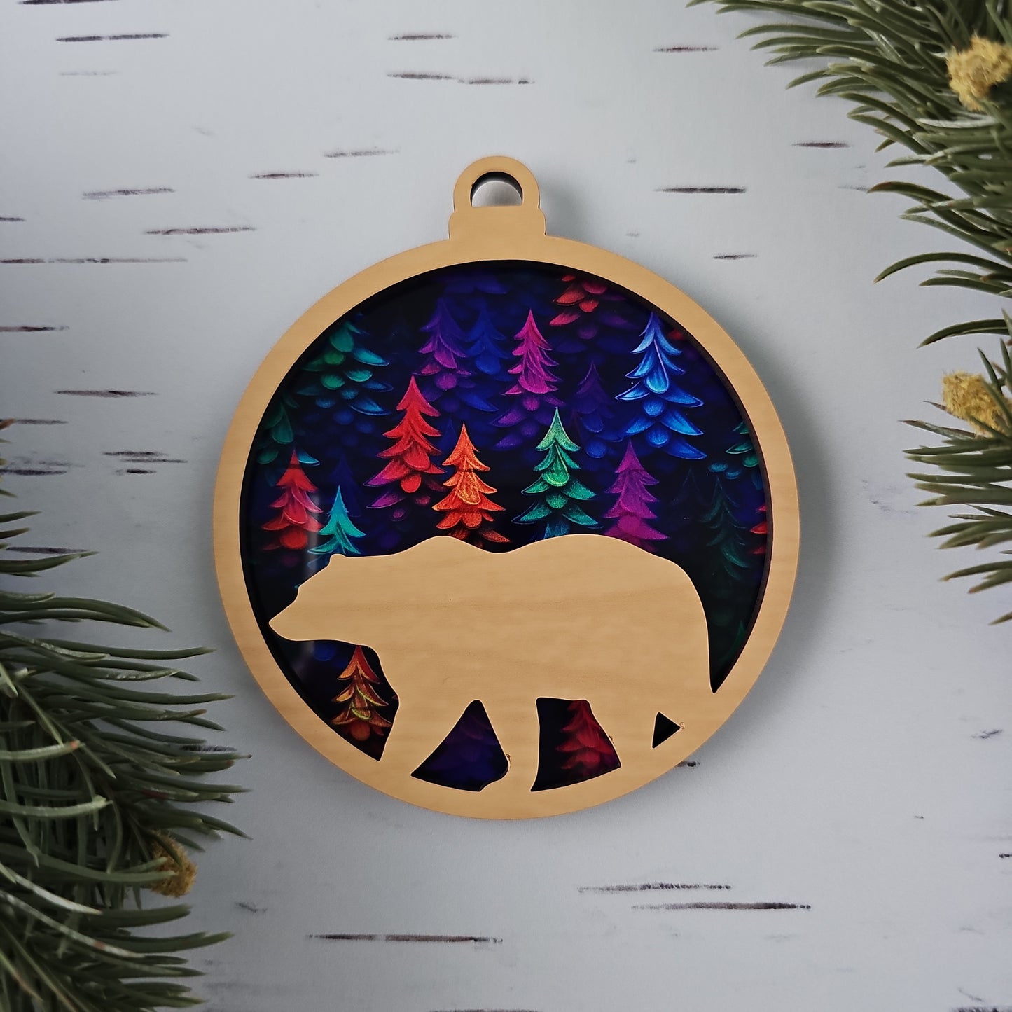 Bear Suncatcher Ornament - Translucent Pinecone Trees