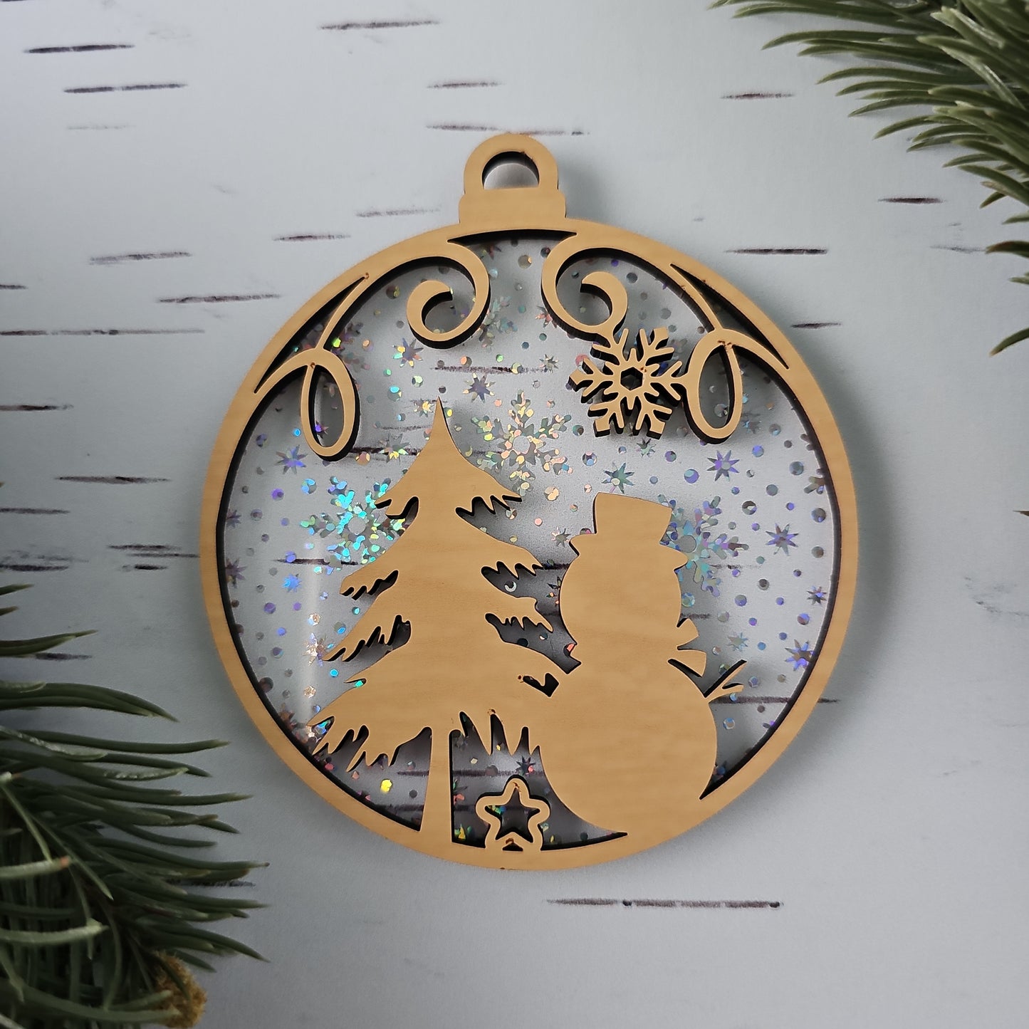 Snowman Ornament - Translucent Iridescent Snowflakes