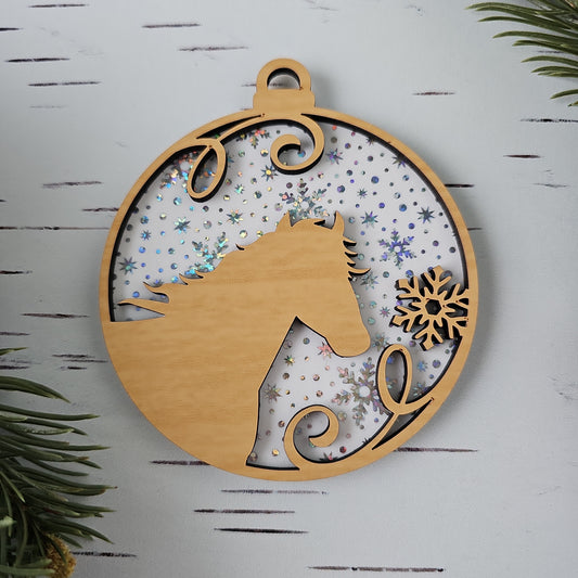 Horse Ornament - Opaque White Iridescent Snowflake