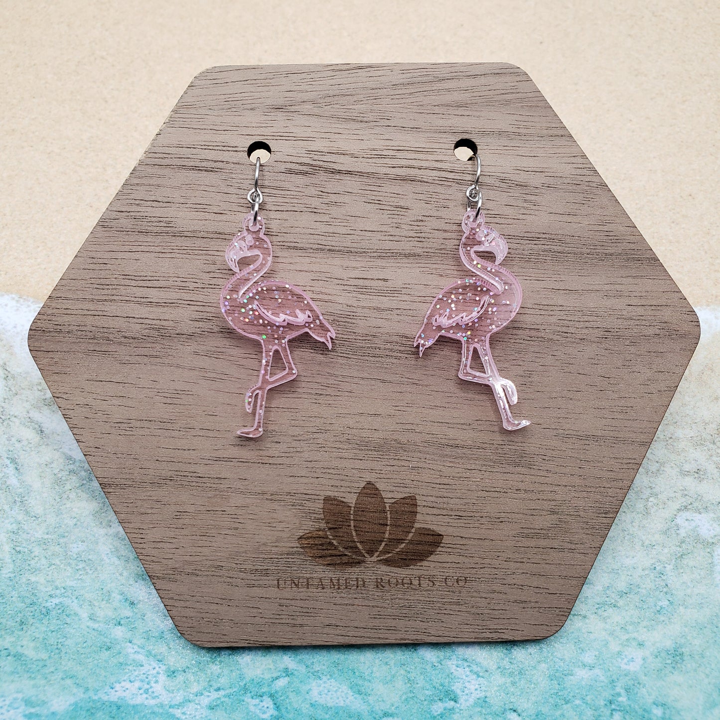 Flamingo Dangle Earrings, Soft Pink Glitter