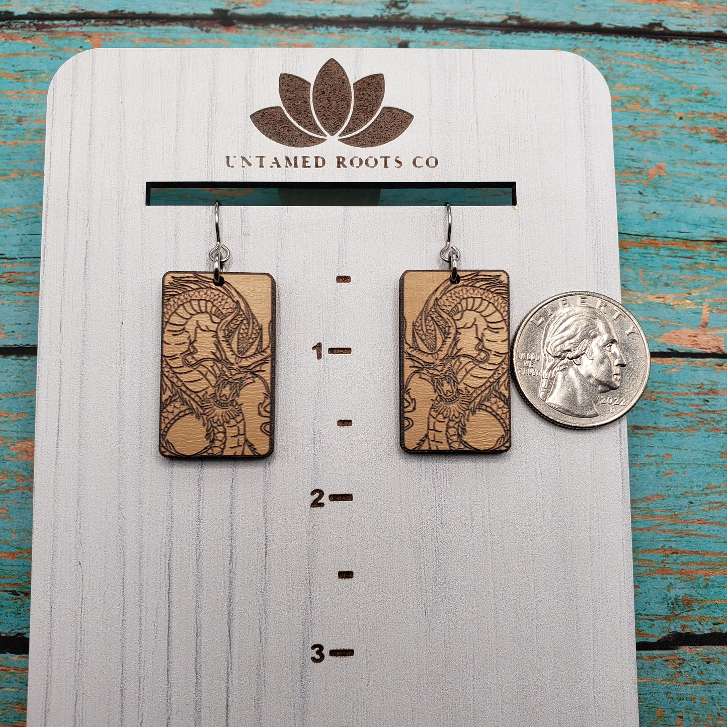 Wooden Engraved Dragon Earrings