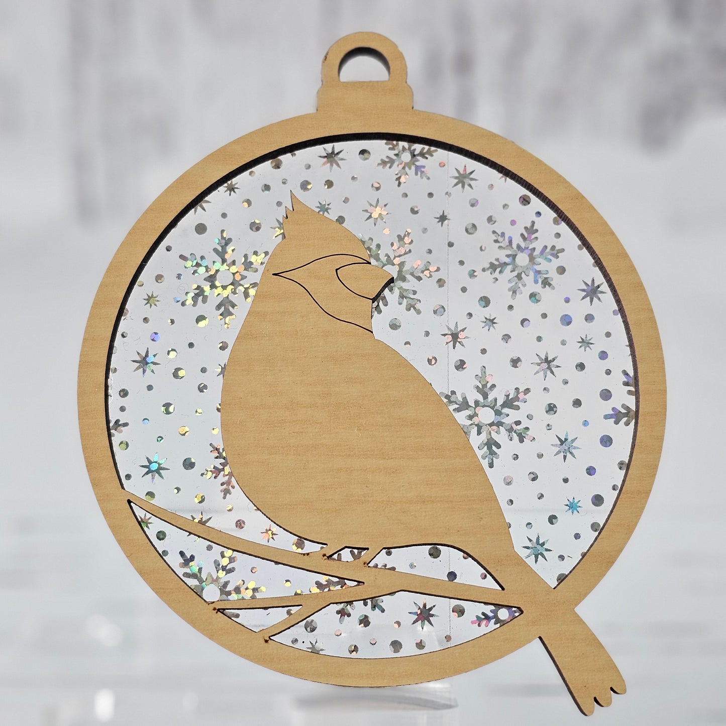 Cardinal Suncatcher Ornament - Translucent Iridescent Snowflakes