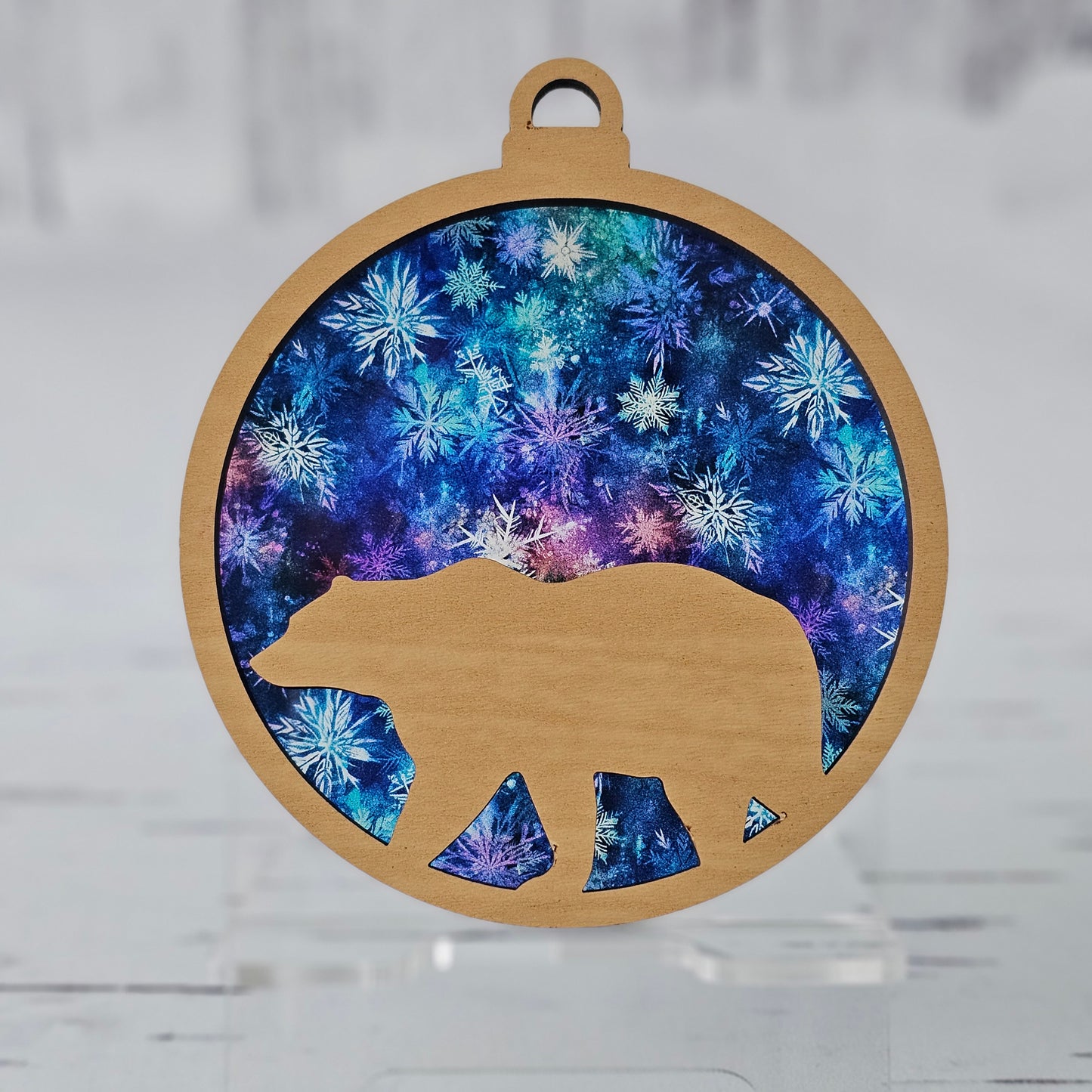 Bear Suncatcher Ornament - Translucent Watercolor Snowflake