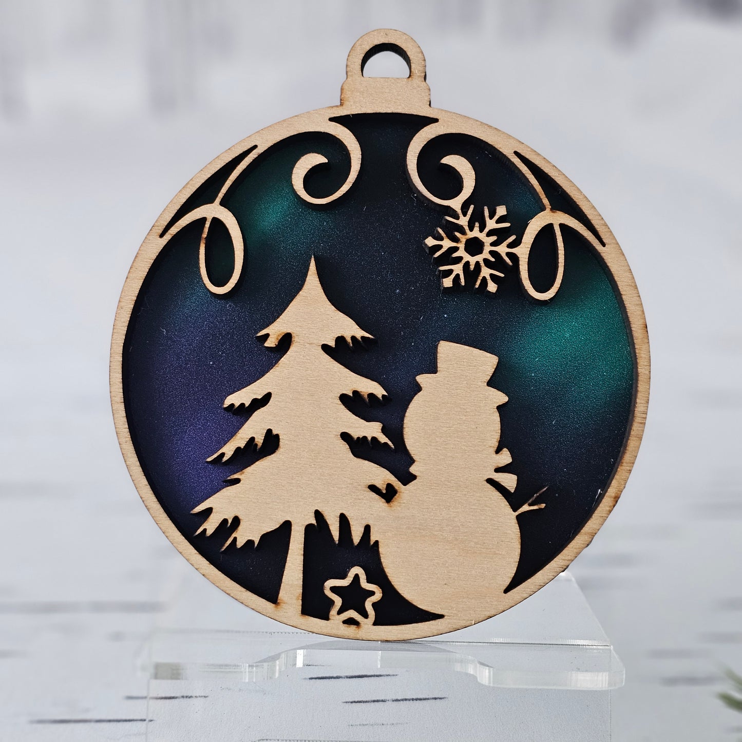 Snowman Ornament - Opaque Northern Lights