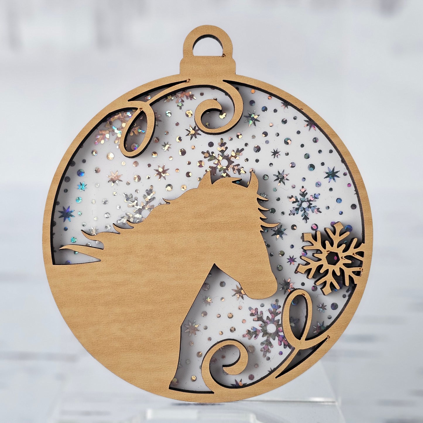 Horse Ornament - Opaque White Iridescent Snowflake