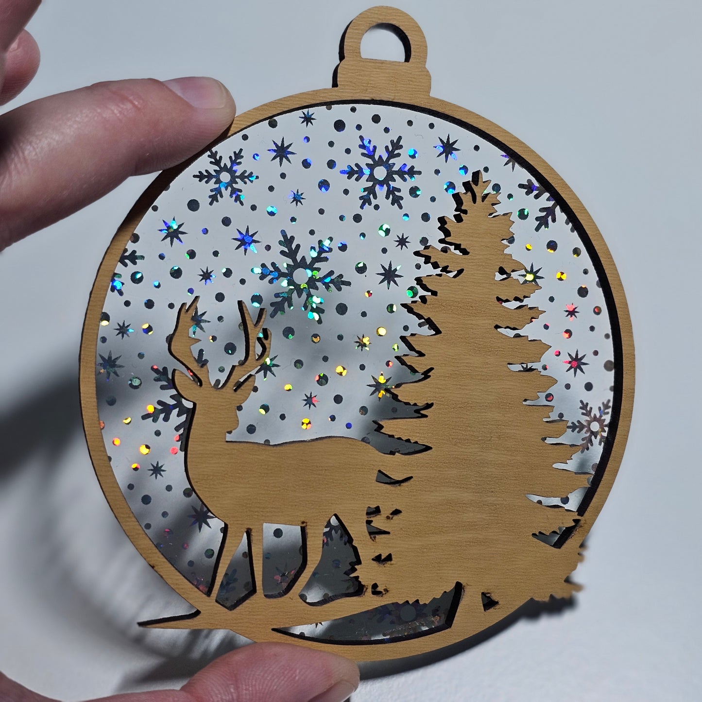 Deer Ornament - Translucent Iridescent Snowflakes