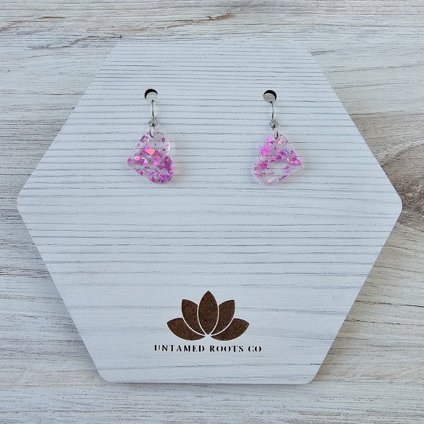 Small Magenta Iridescent Confetti Heart Earrings