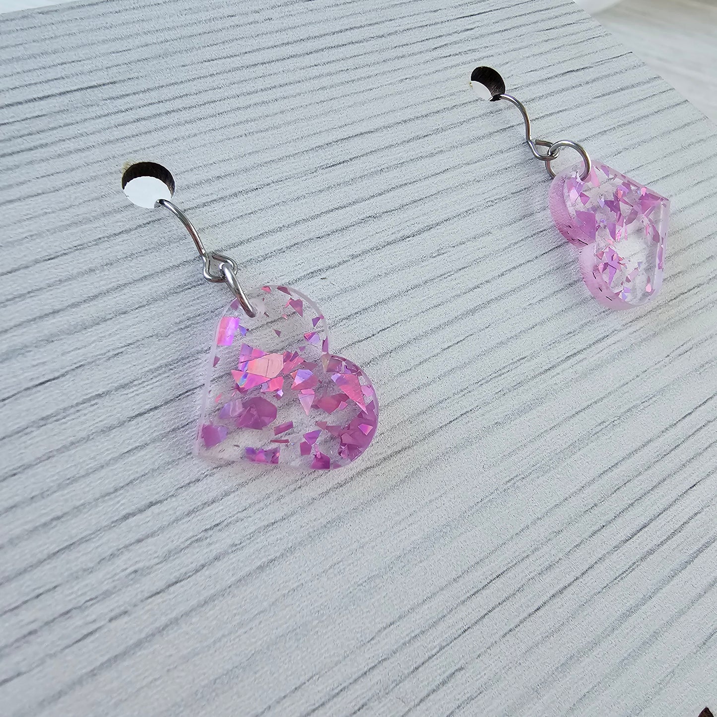 Small Magenta Iridescent Confetti Heart Earrings