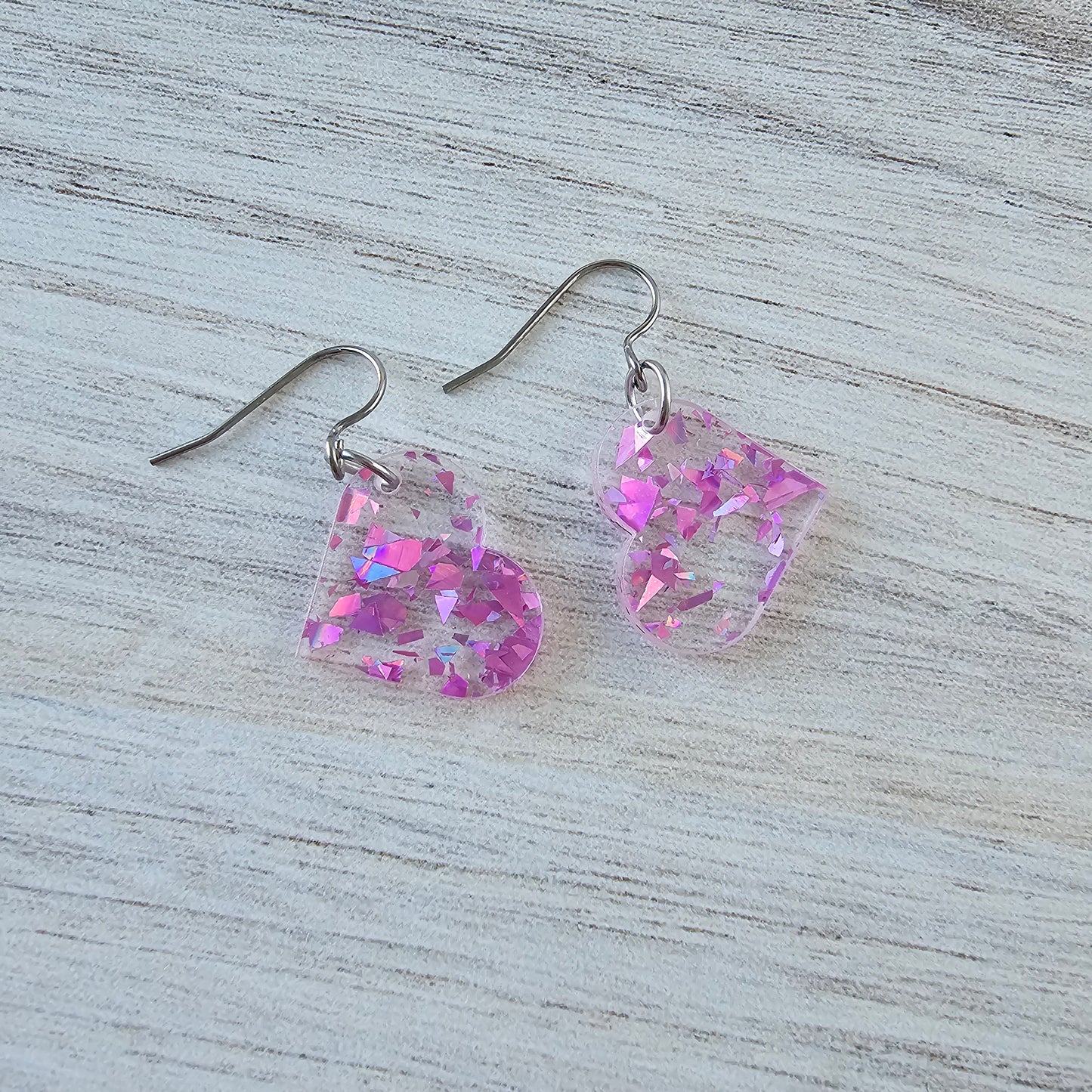 Small Magenta Iridescent Confetti Heart Earrings