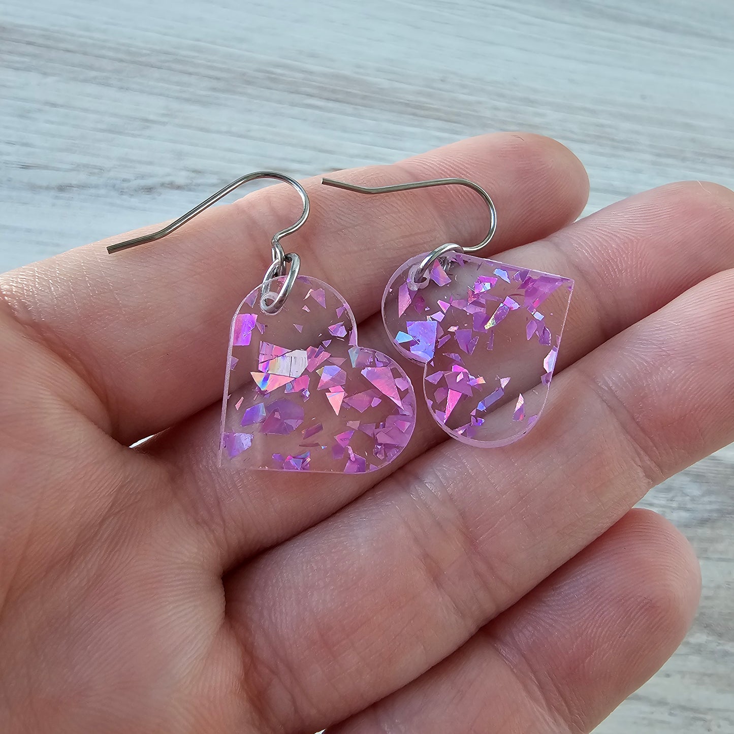 Small Magenta Iridescent Confetti Heart Earrings