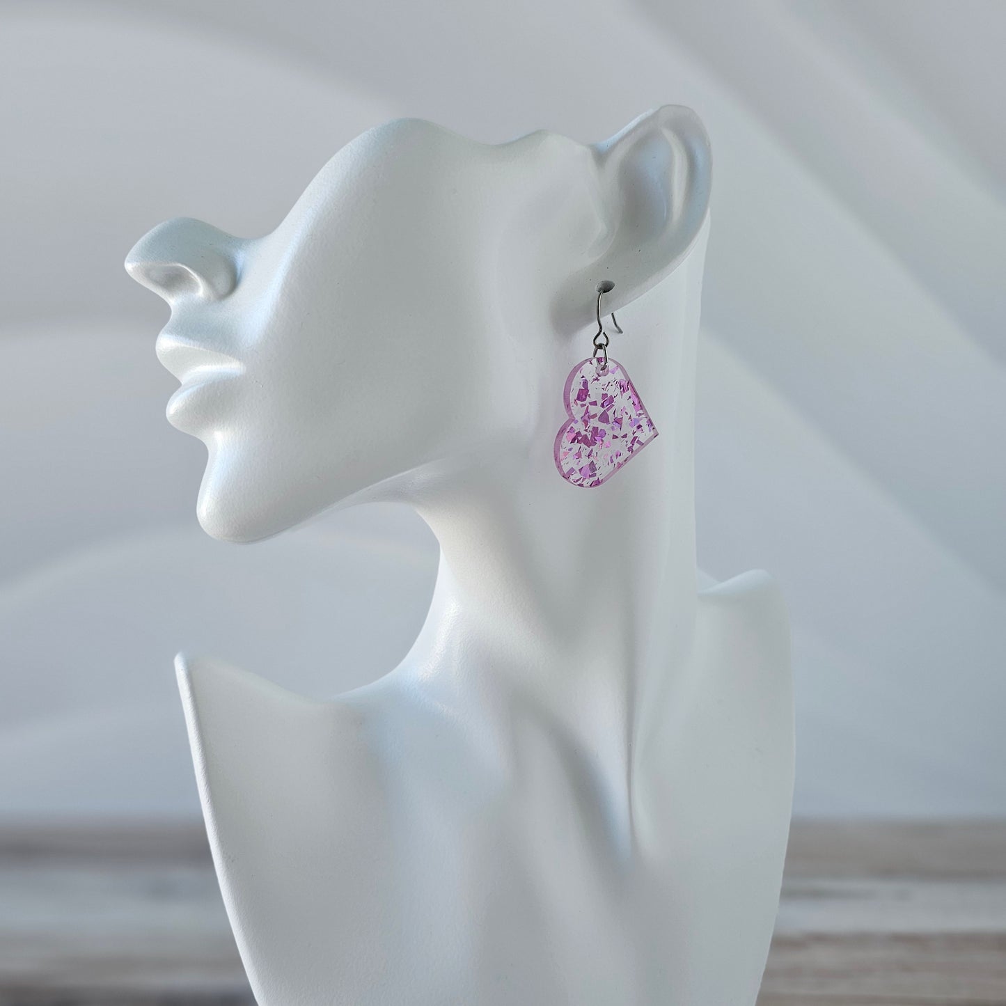 Large Magenta Iridescent Confetti Heart Earrings