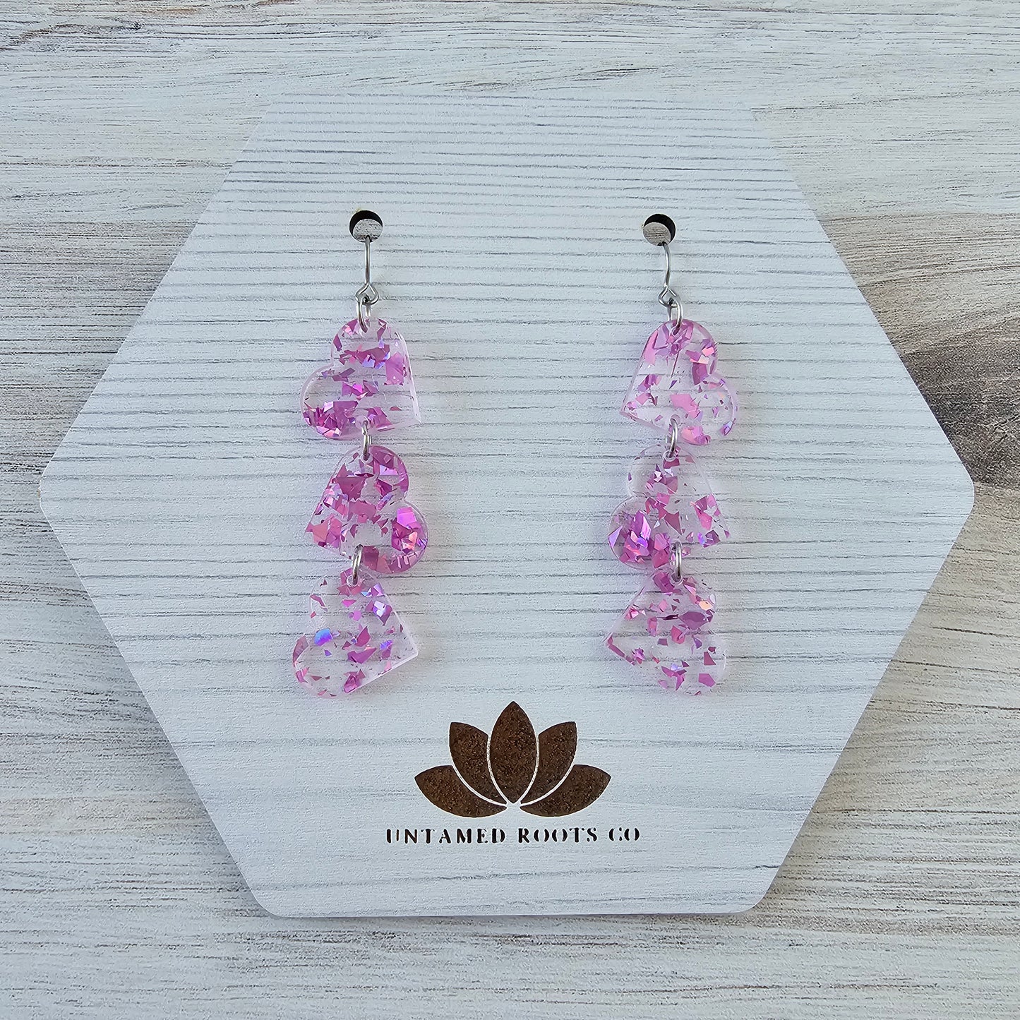 Magenta Iridescent Confetti Tumbling Heart Earrings