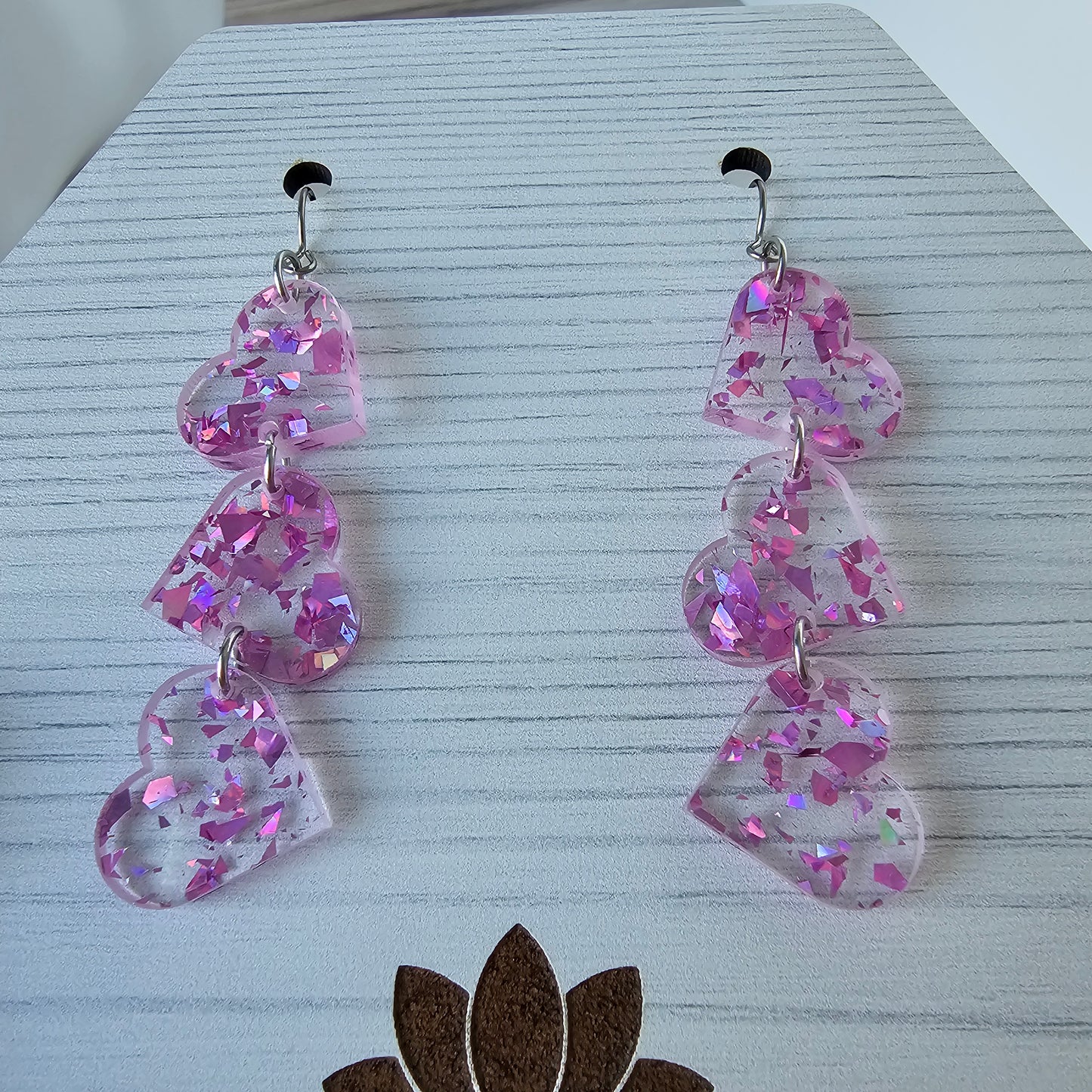 Magenta Iridescent Confetti Tumbling Heart Earrings