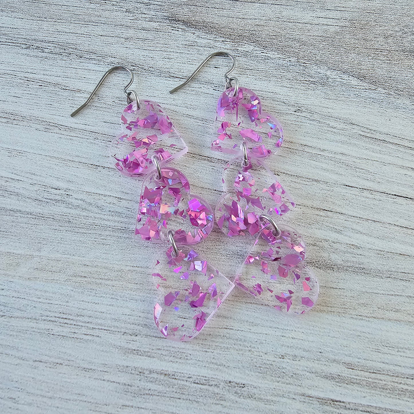 Magenta Iridescent Confetti Tumbling Heart Earrings