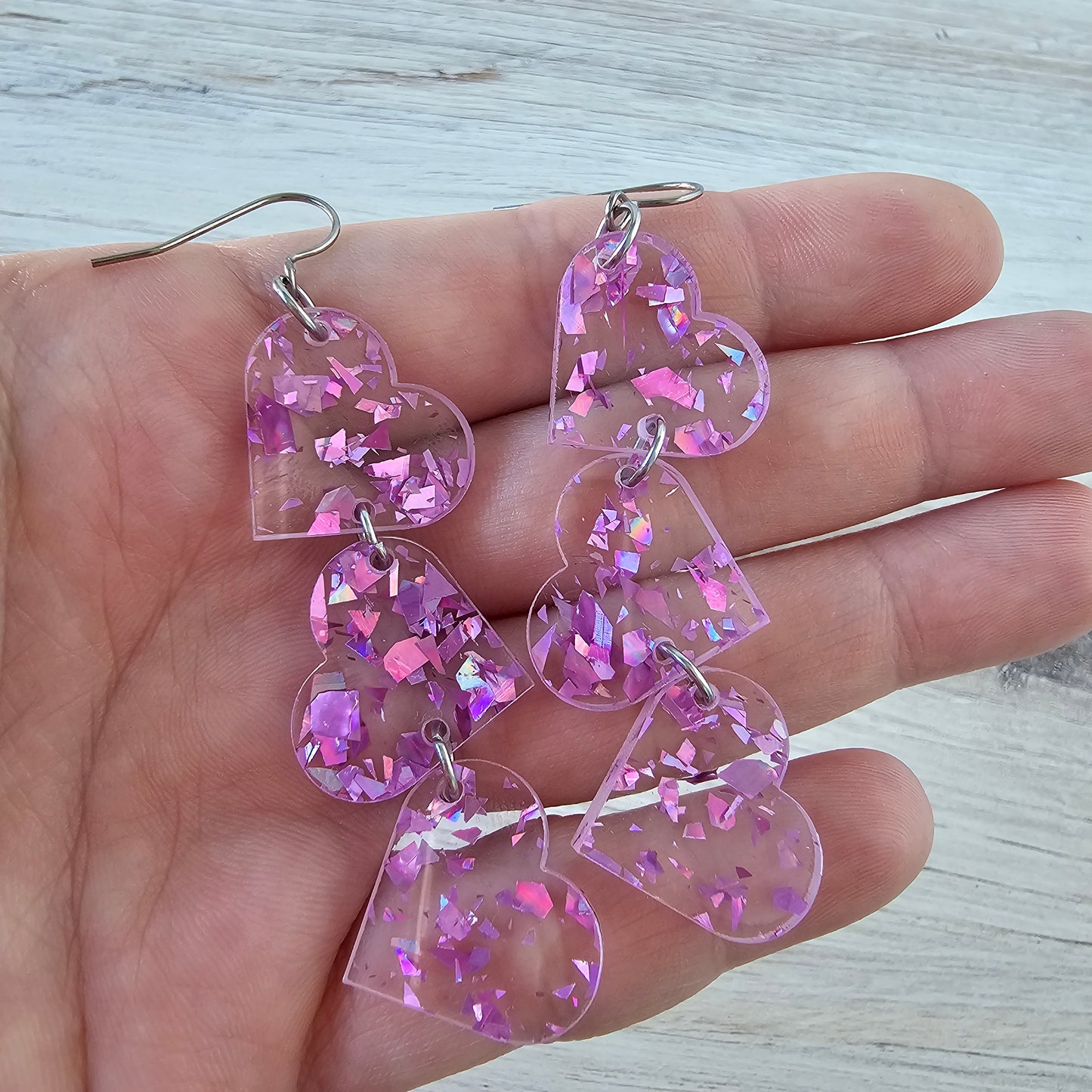 Magenta Iridescent Confetti Tumbling Heart Earrings