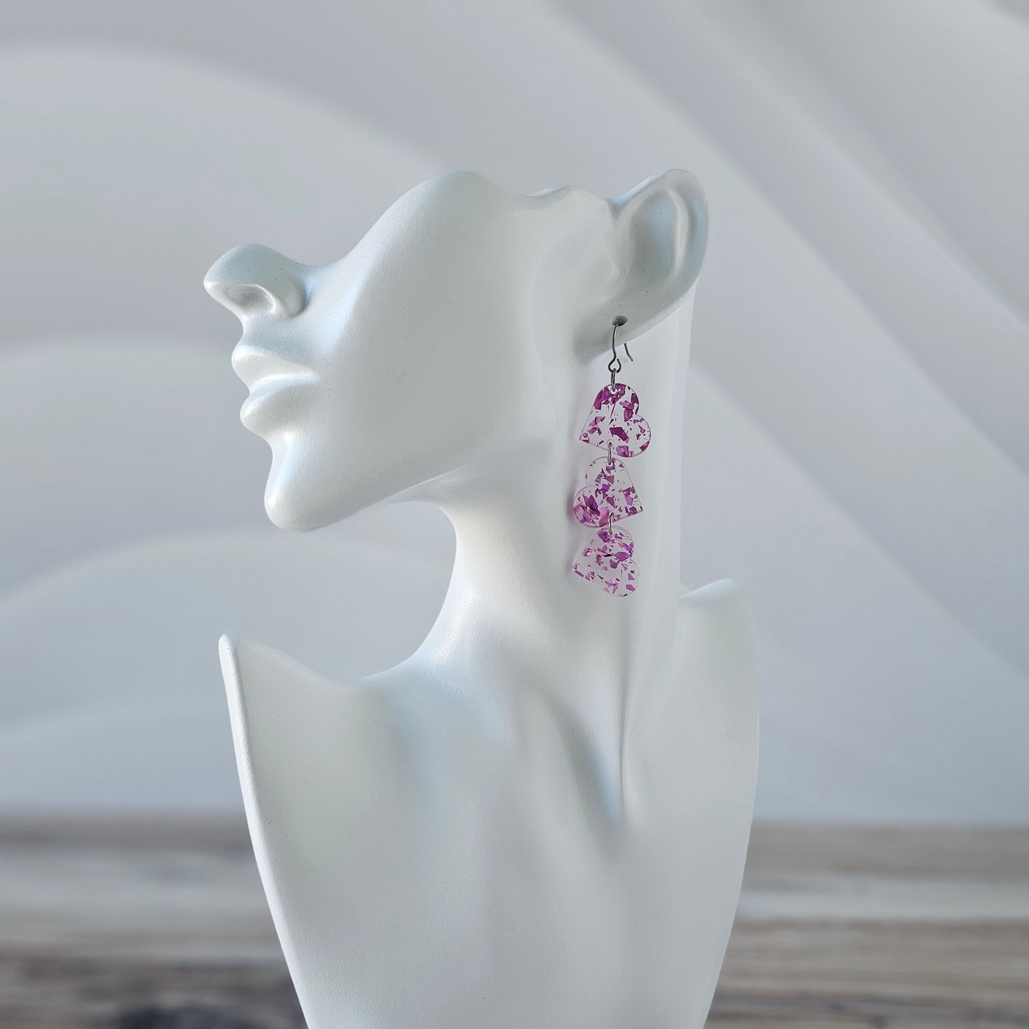 Magenta Iridescent Confetti Tumbling Heart Earrings