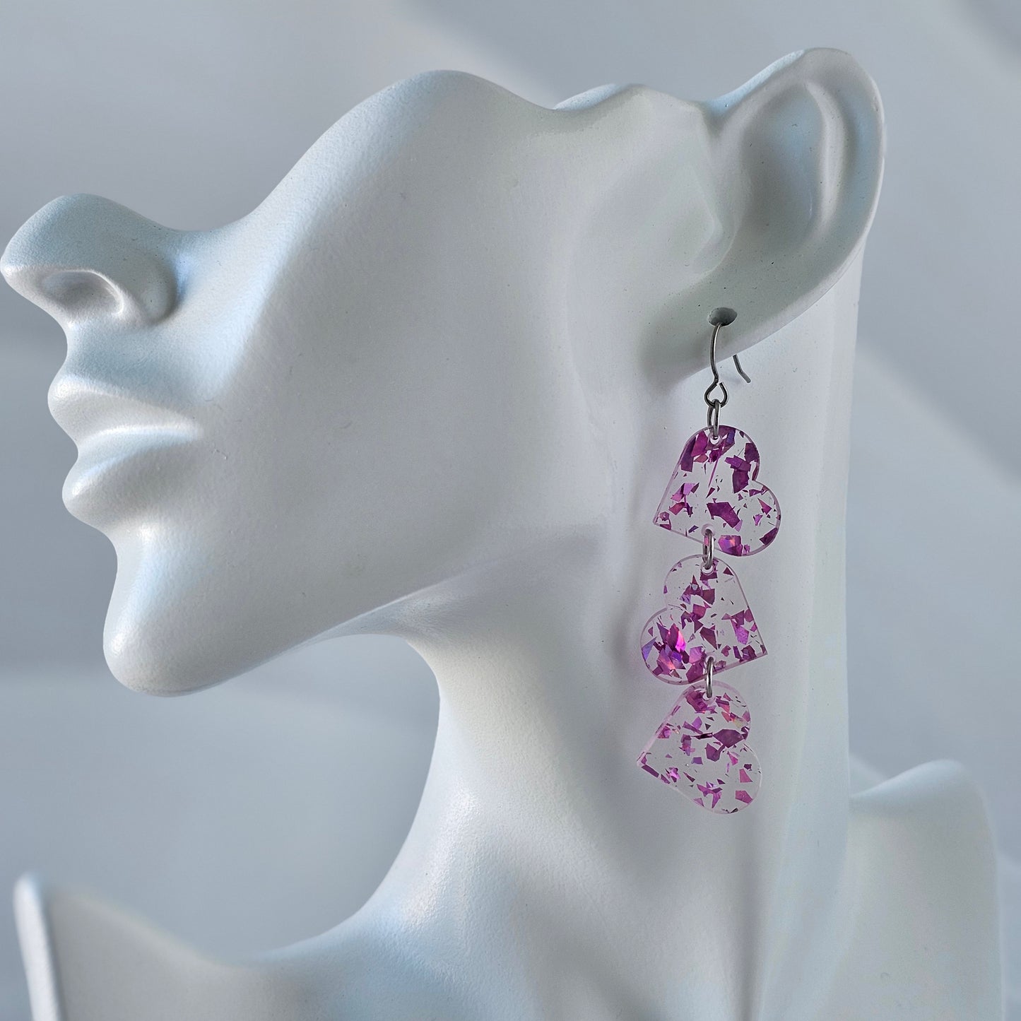 Magenta Iridescent Confetti Tumbling Heart Earrings