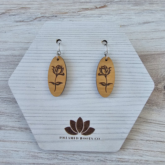 Wooden Oval Rose Dangle Earrings