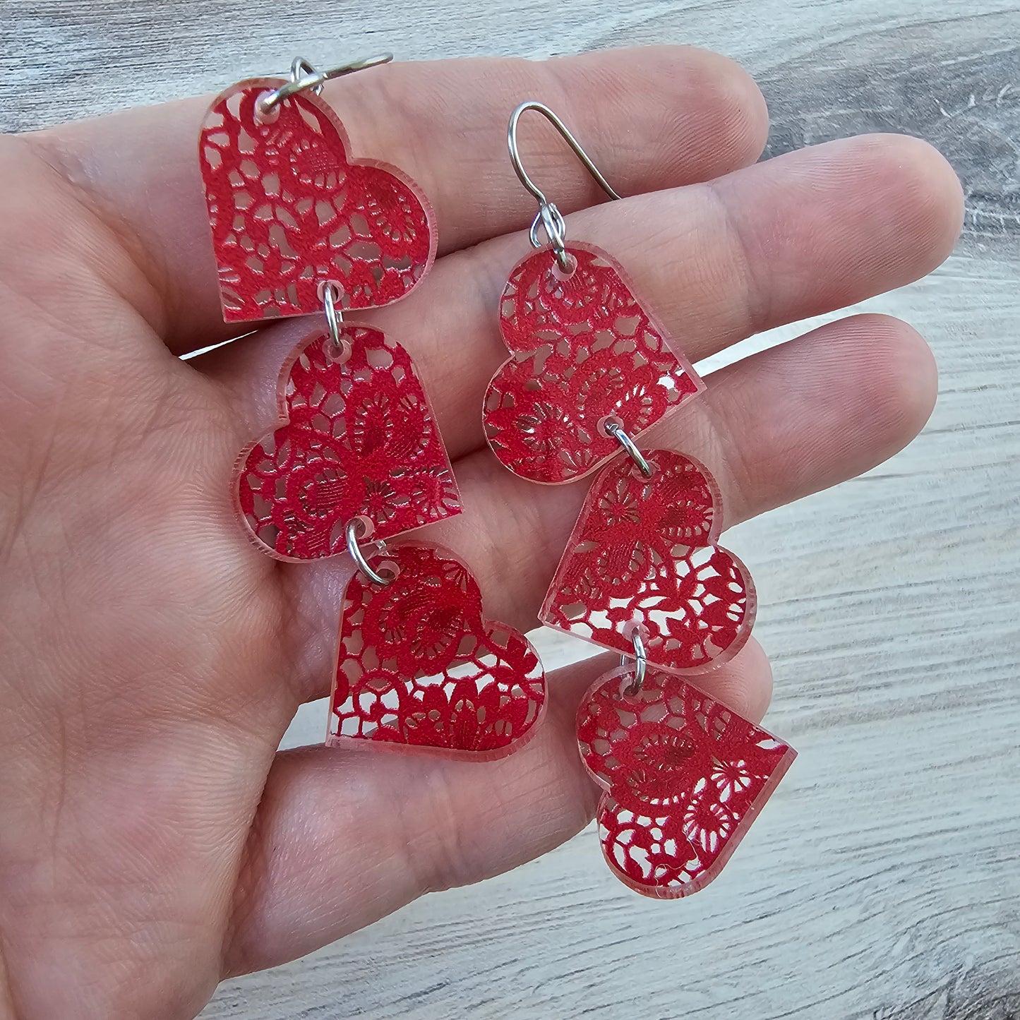 Red Lace Tumbling Heart Earrings