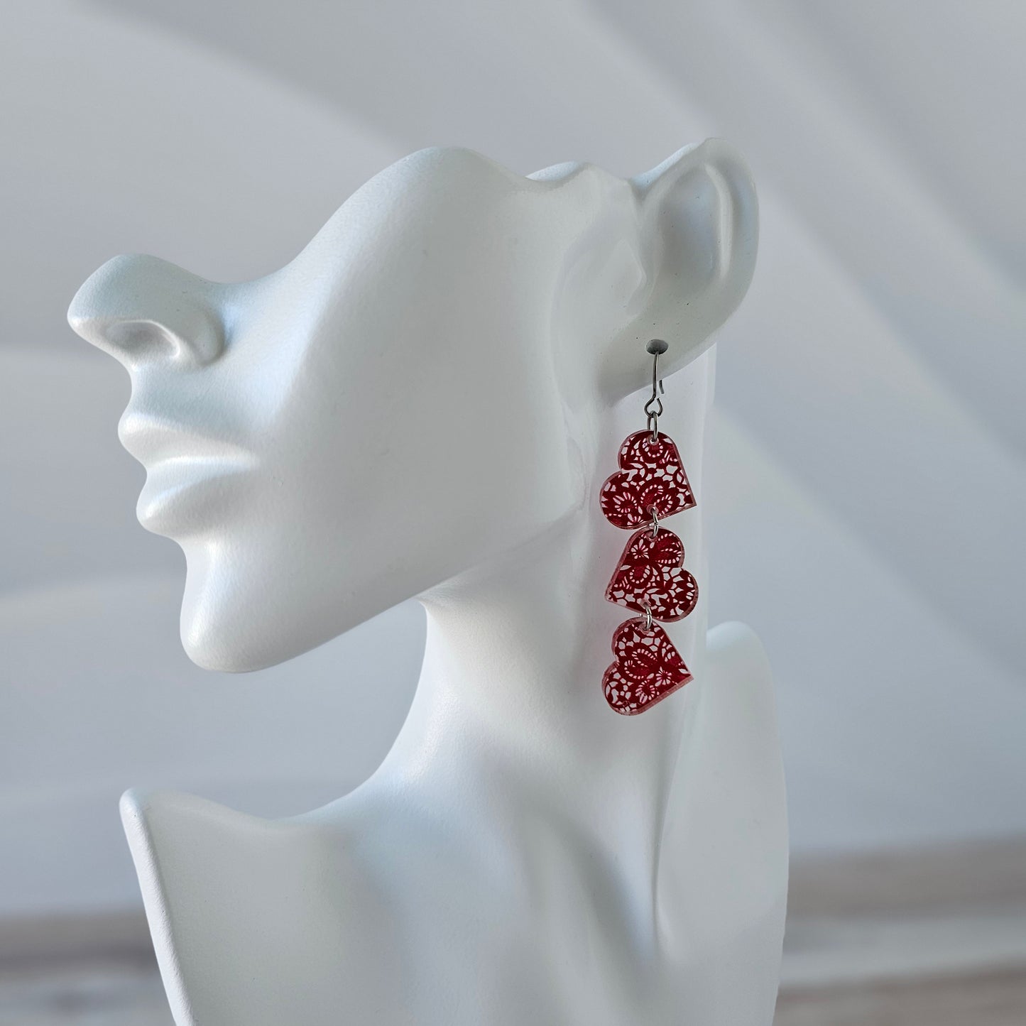 Red Lace Tumbling Heart Earrings