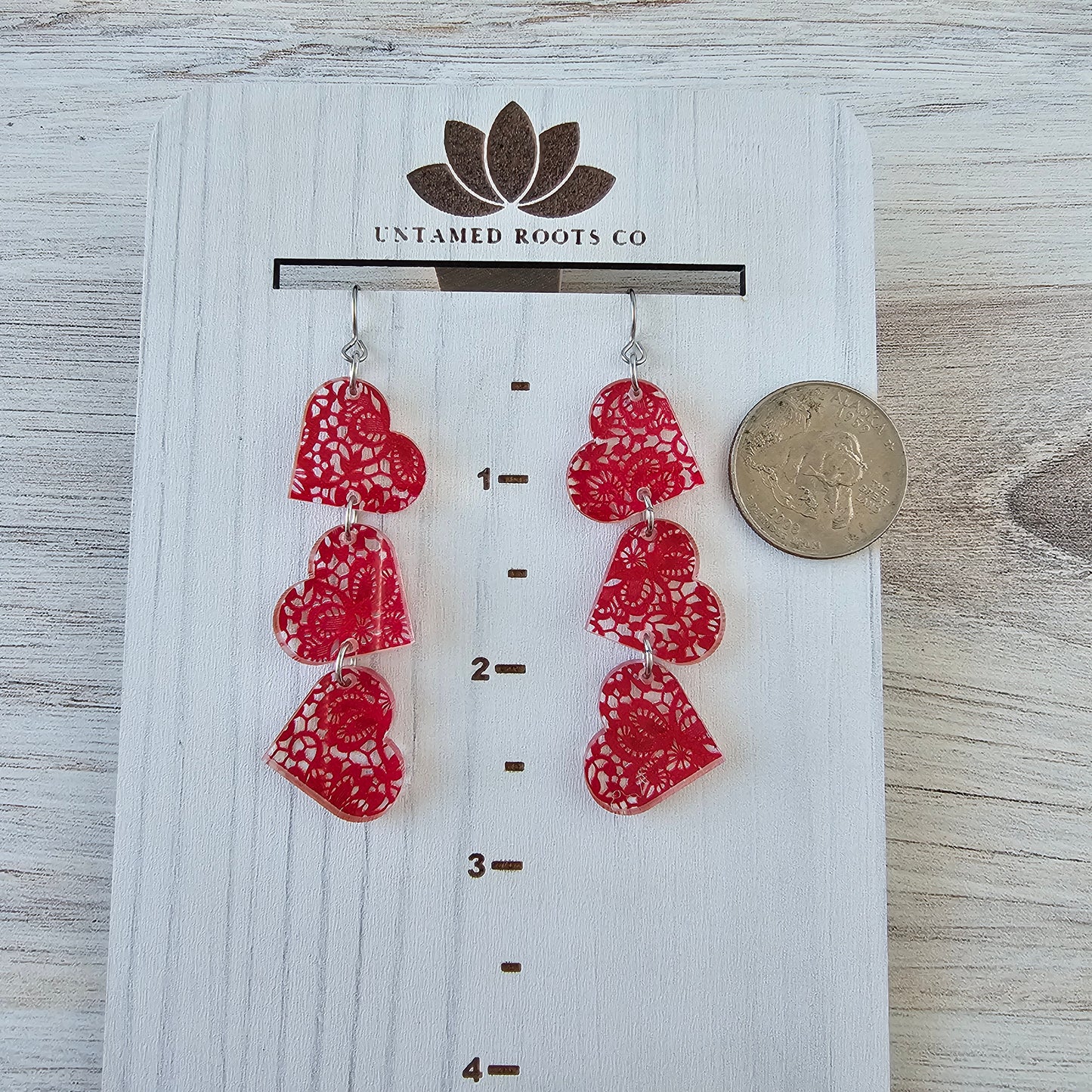 Red Lace Tumbling Heart Earrings