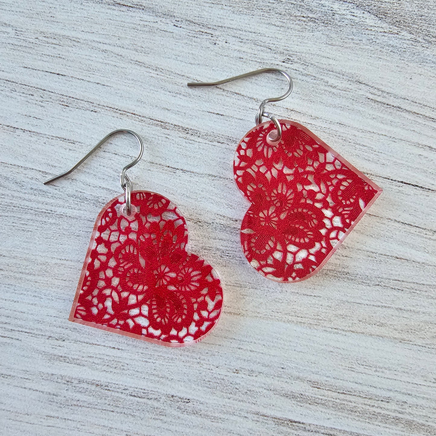 Large Red Lace Heart Earrings