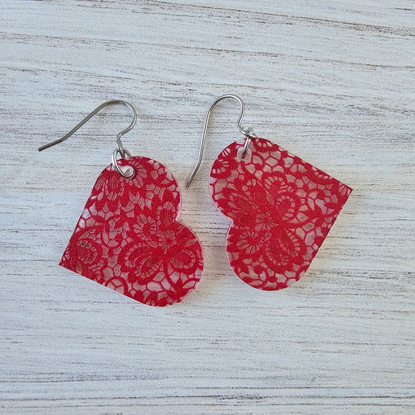 Large Red Lace Heart Earrings