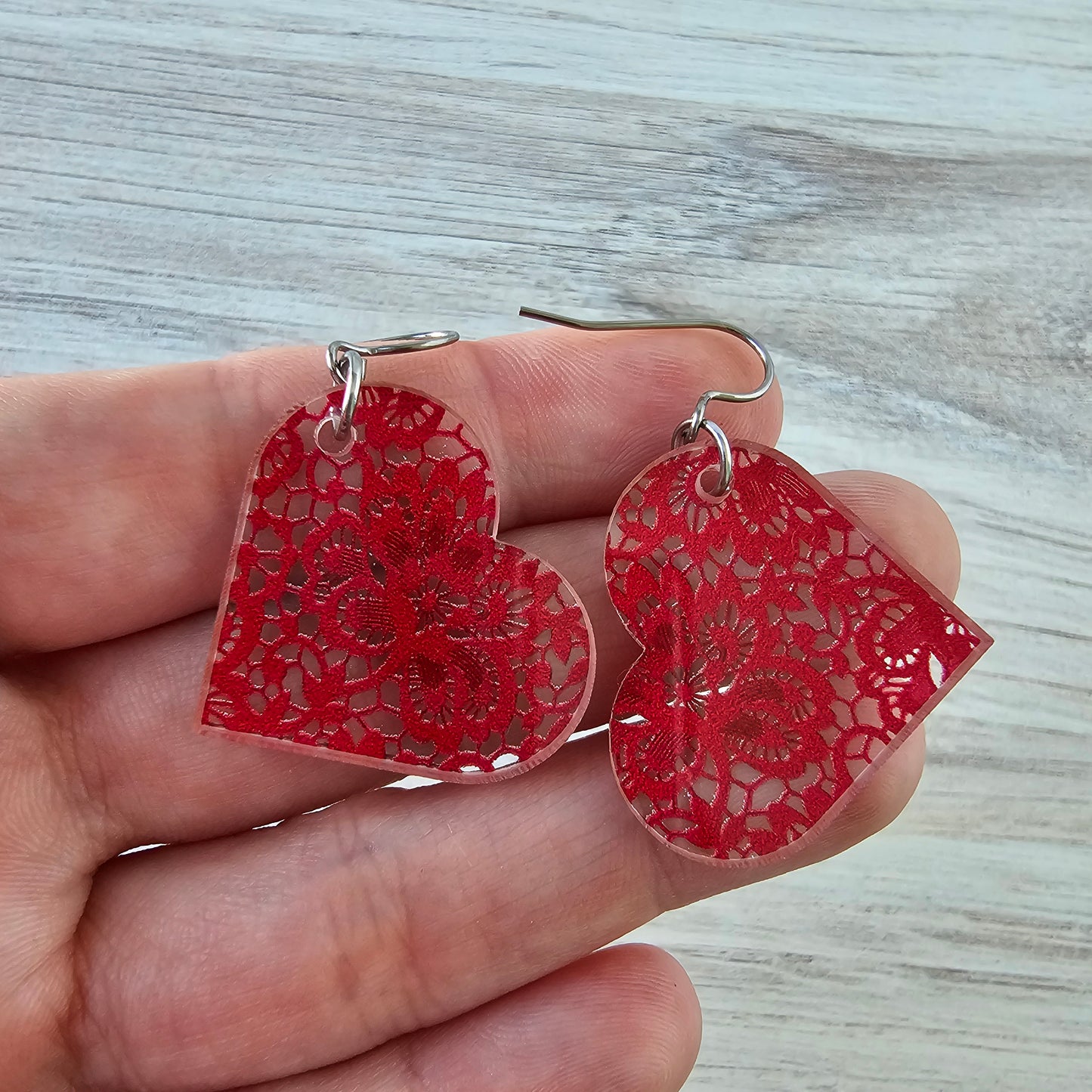 Large Red Lace Heart Earrings