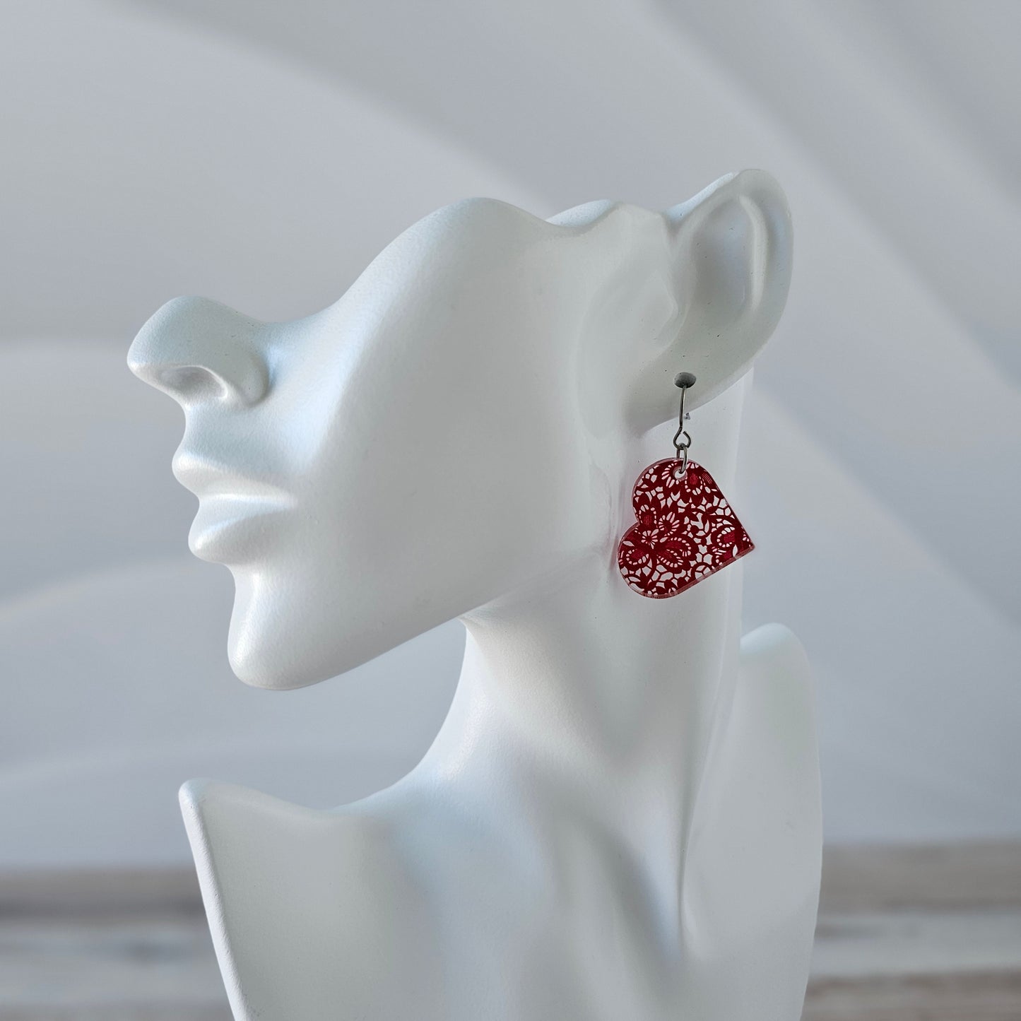 Large Red Lace Heart Earrings