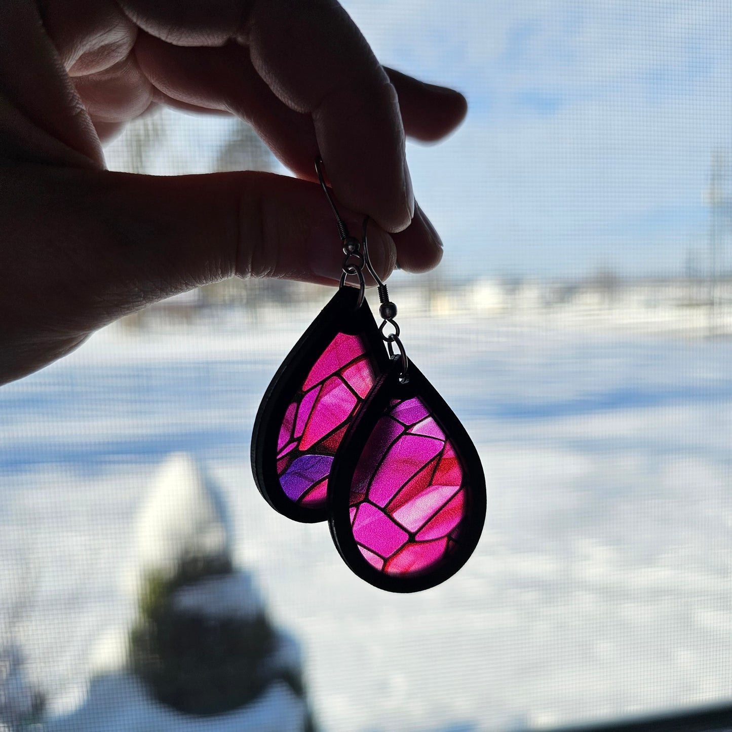 Pink and Purple Stained Glass Teardrop Earrings