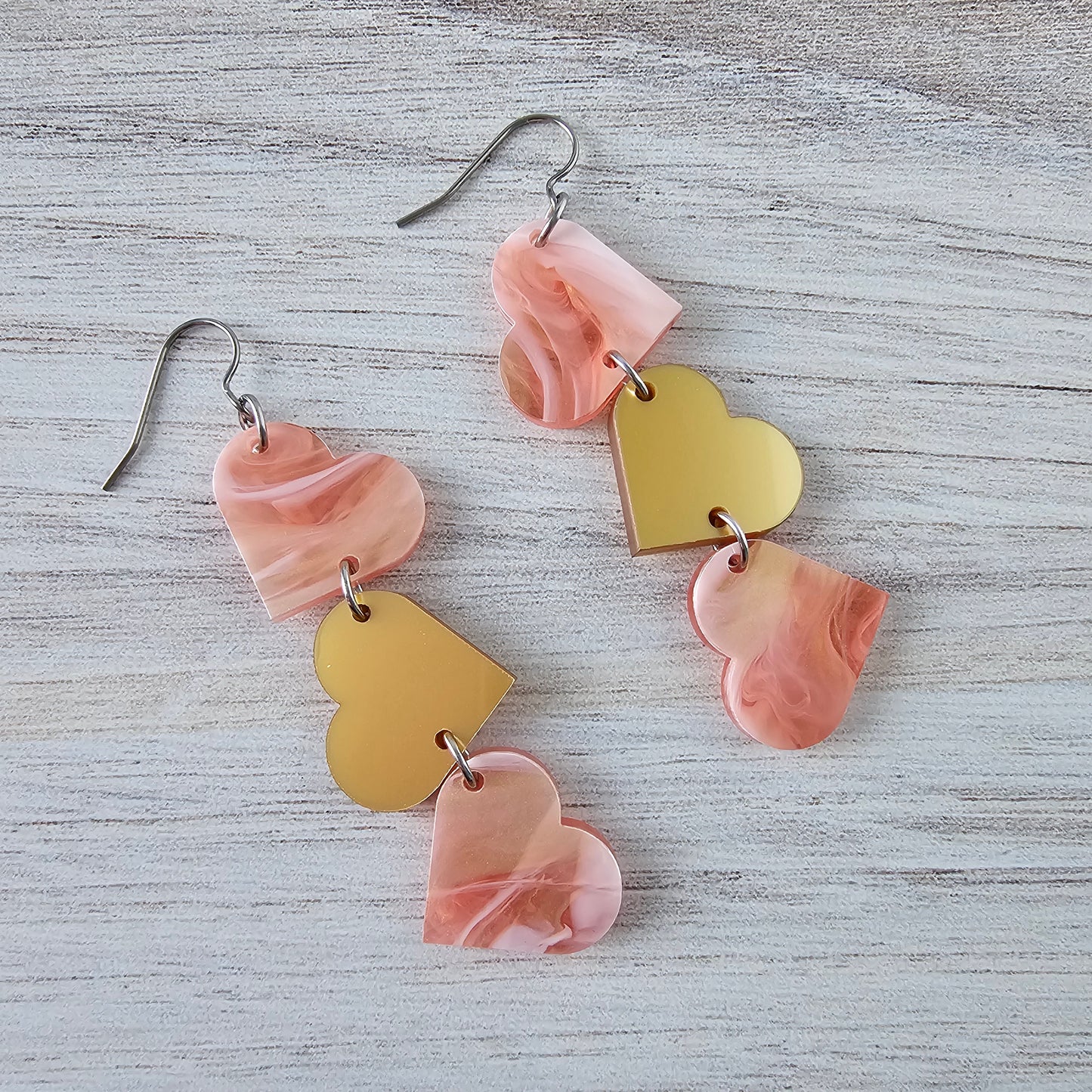Soft Pink Marble and Gold Tumbling Heart Earrings