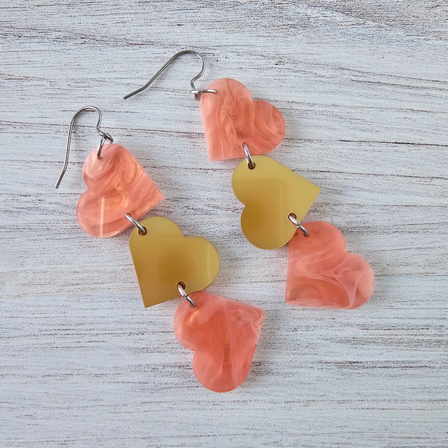 Soft Pink Marble and Gold Tumbling Heart Earrings