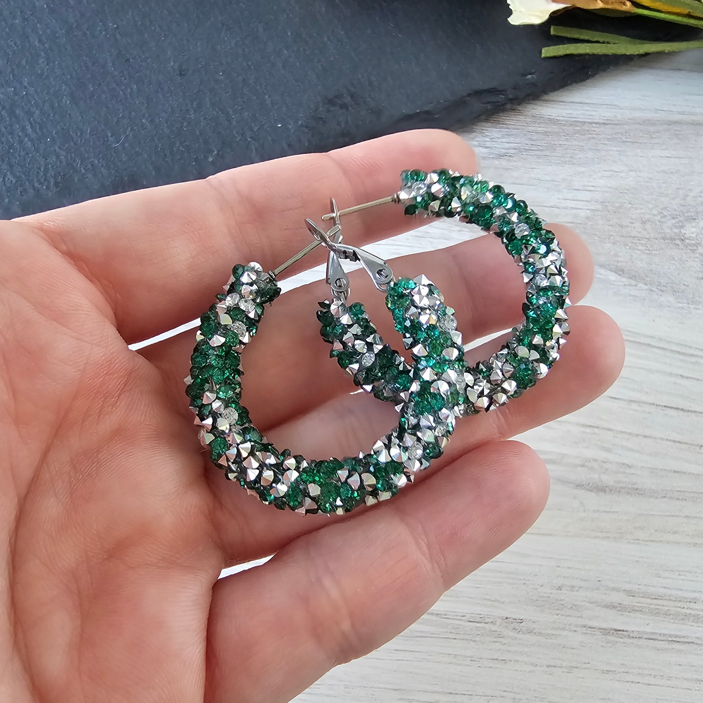 Green & Silver Chunky Glitter Hoops