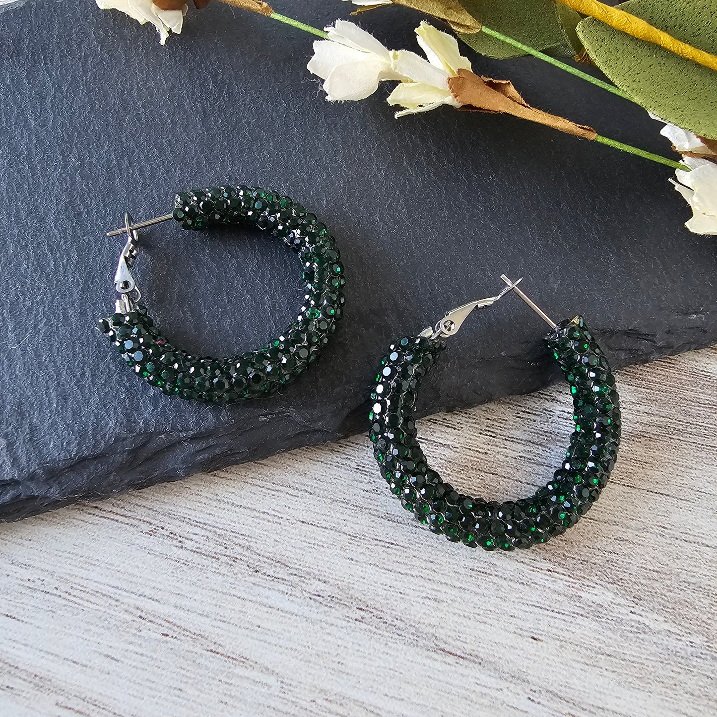 Forest Green Rhinestone Hoops