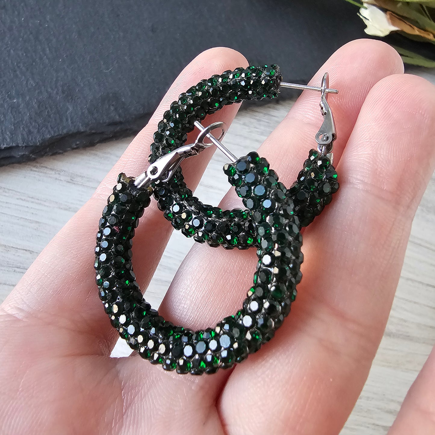 Forest Green Rhinestone Hoops