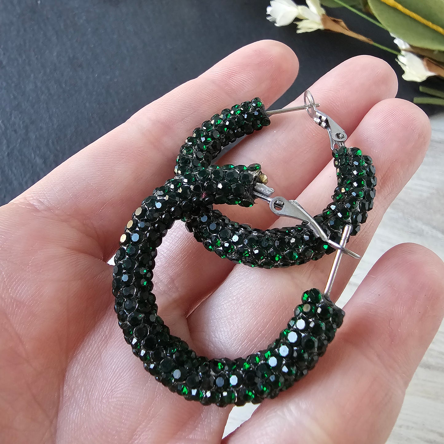 Forest Green Rhinestone Hoops