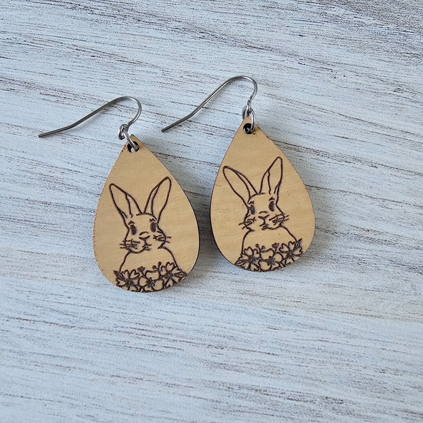 Wooden Teardrop Bunny Floral Earrings