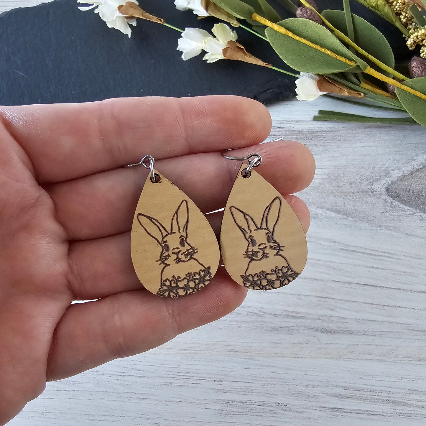 Wooden Teardrop Bunny Floral Earrings